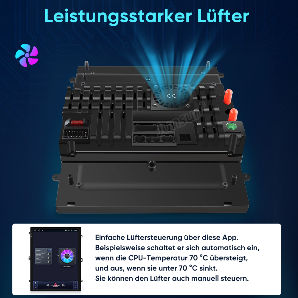 Rückseite eines Lüfters mit CE-Zeichen, blaue Kühlgebläse-Animation.