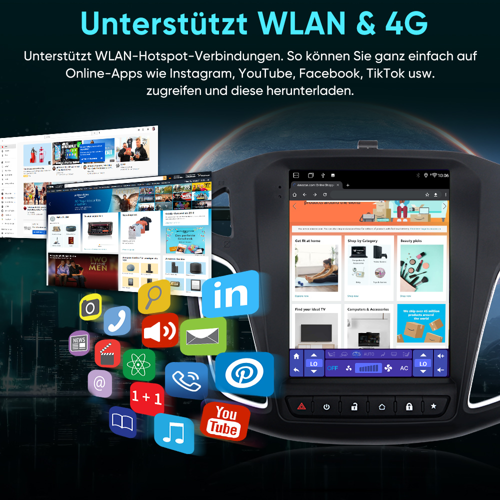 Ein Armaturenbrett zeigt App-Symbole und Online-Shops, mit Text über WLAN & 4G.