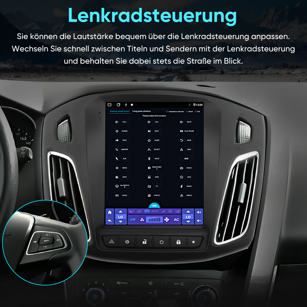 Ein Auto-Infotainmentsystem zeigt ein Menü zur Lenkradsteuerung an.