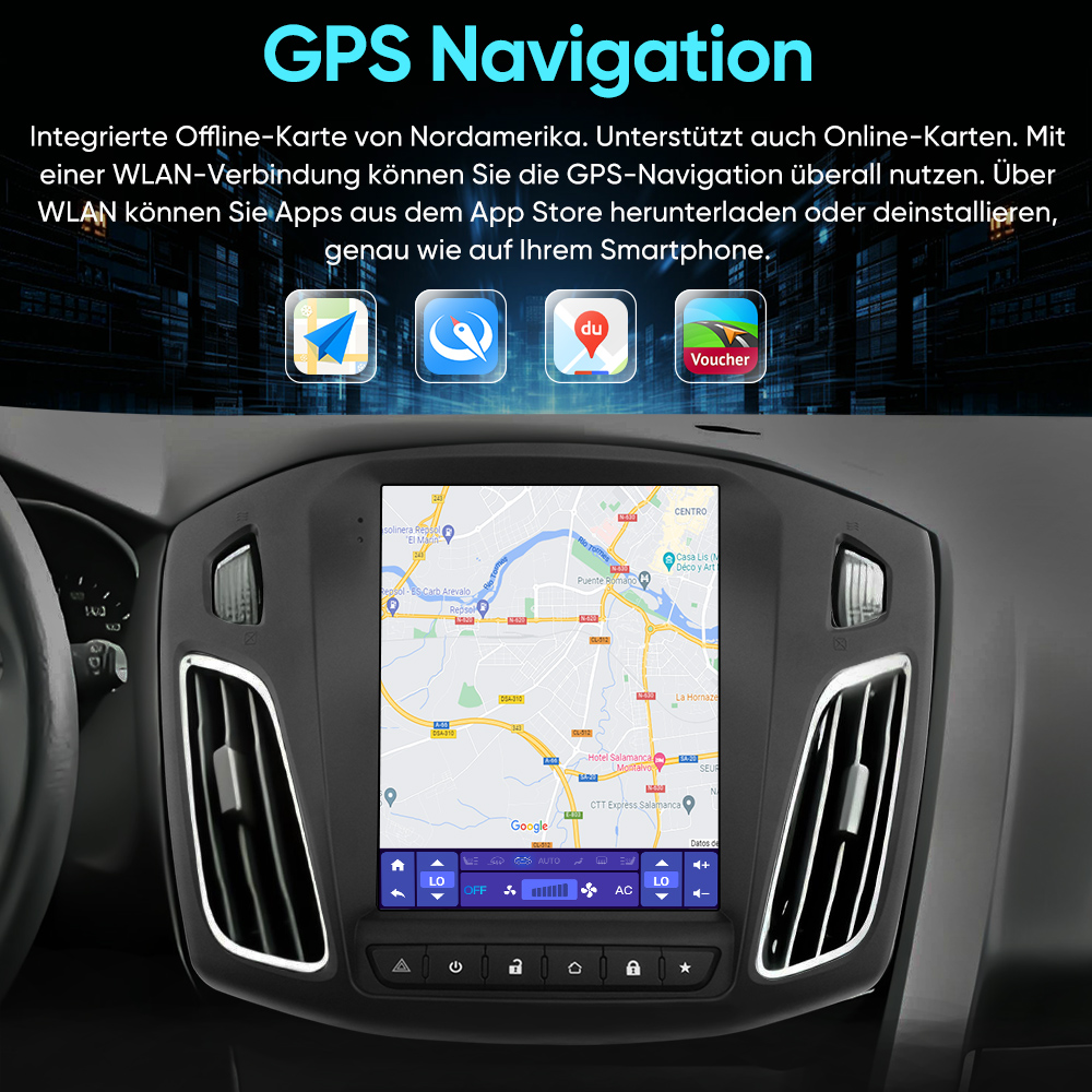 Autonavigationssystem mit Kartenansicht und App-Icons. Oben: "GPS Navigation".