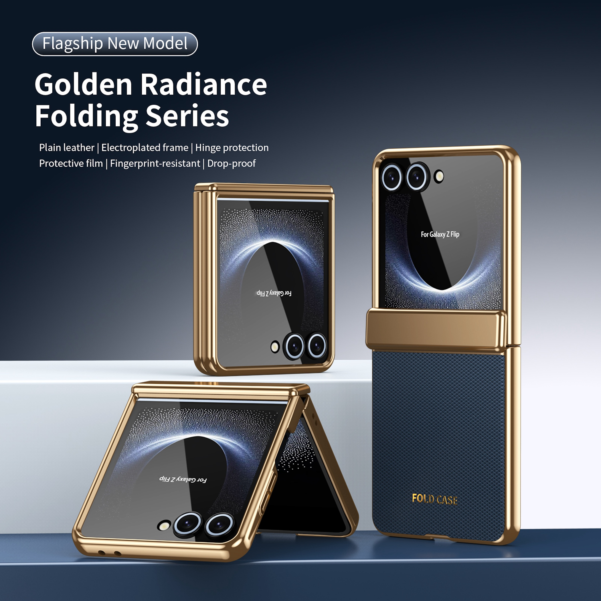 Goldene faltbare Handyhüllen mit galvanisierten Rahmen und blauen Rückseiten.