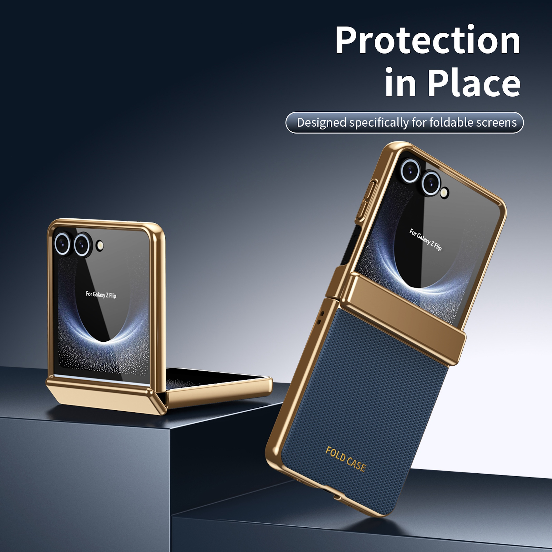 Goldener Klapphandyhülle mit blauer Rückseite, für Galaxy Z Flip.