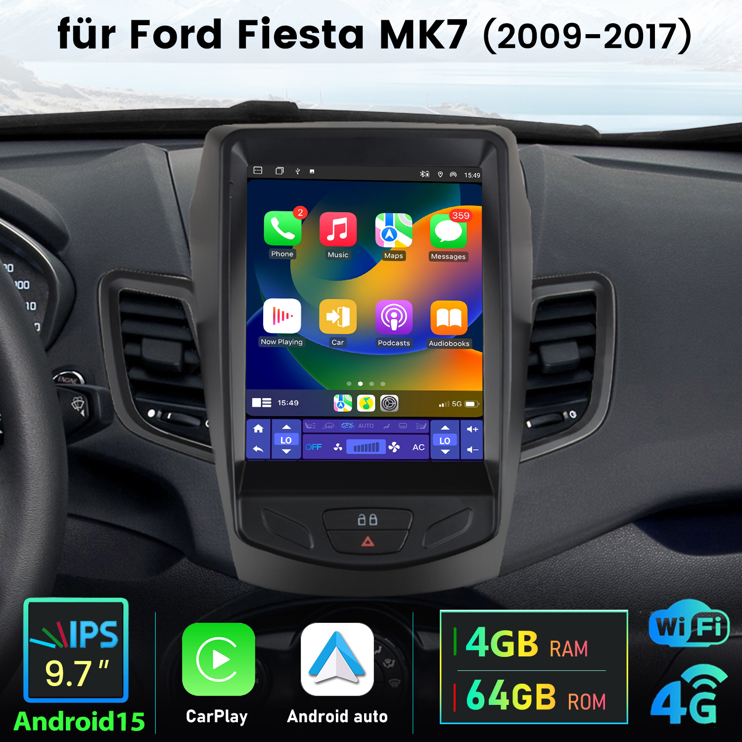 Ford Fiesta MK7 Infotainment System mit Apps, 9,7 Zoll IPS Android 15, 4GB RAM, 64GB ROM.