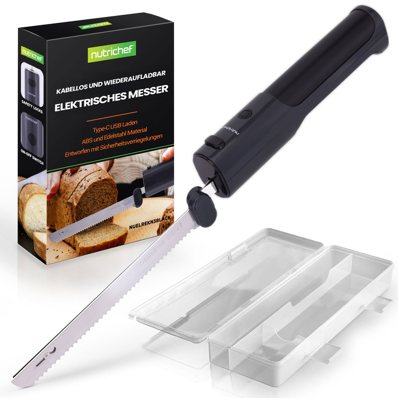 Nutrichef elektrisches Messer mit Klinge und Aufbewahrungsbox.