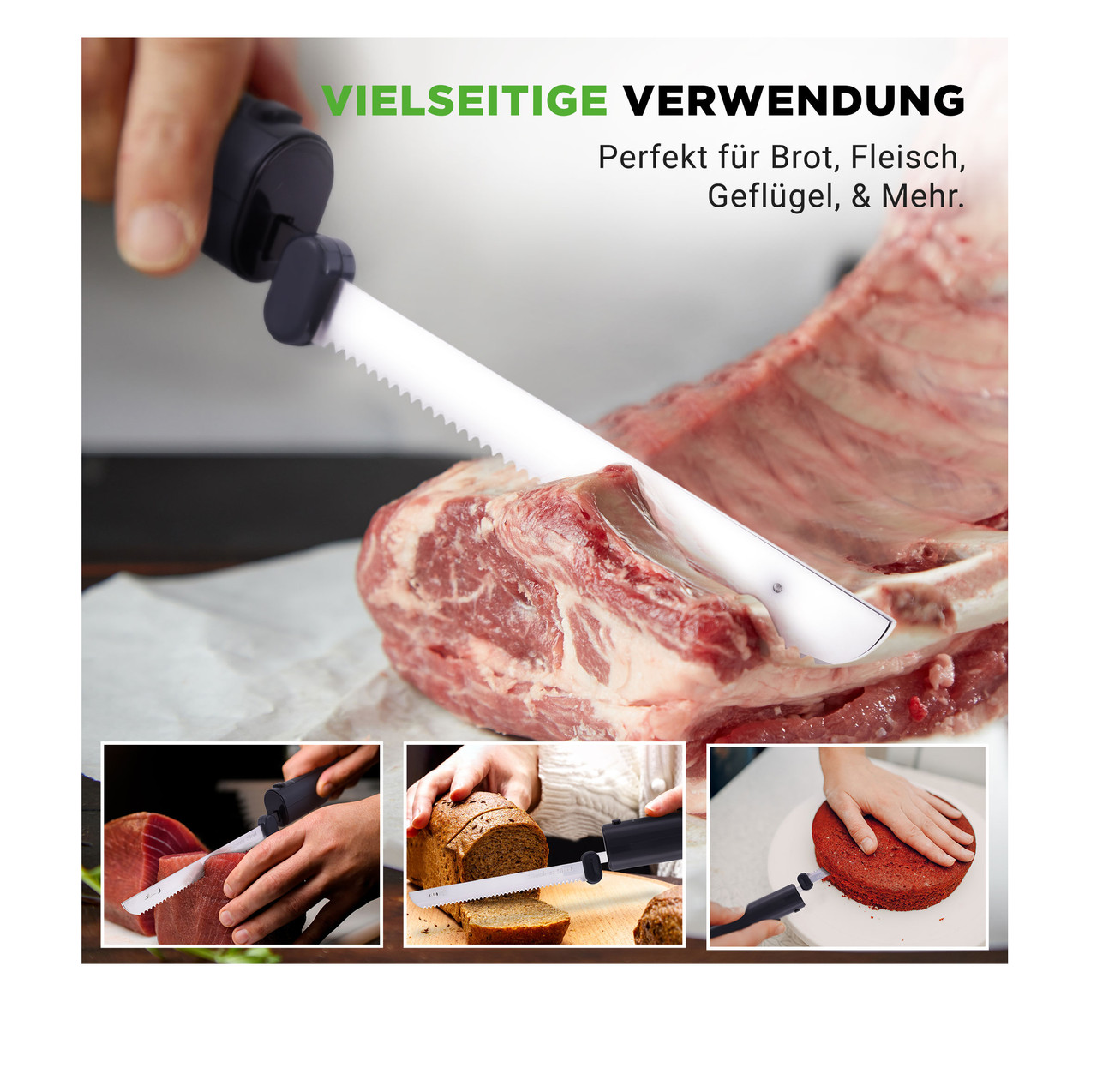 Ein elektrisches Messer schneidet Fleisch, Brot und Kuchen. Vielseitig einsetzbar.