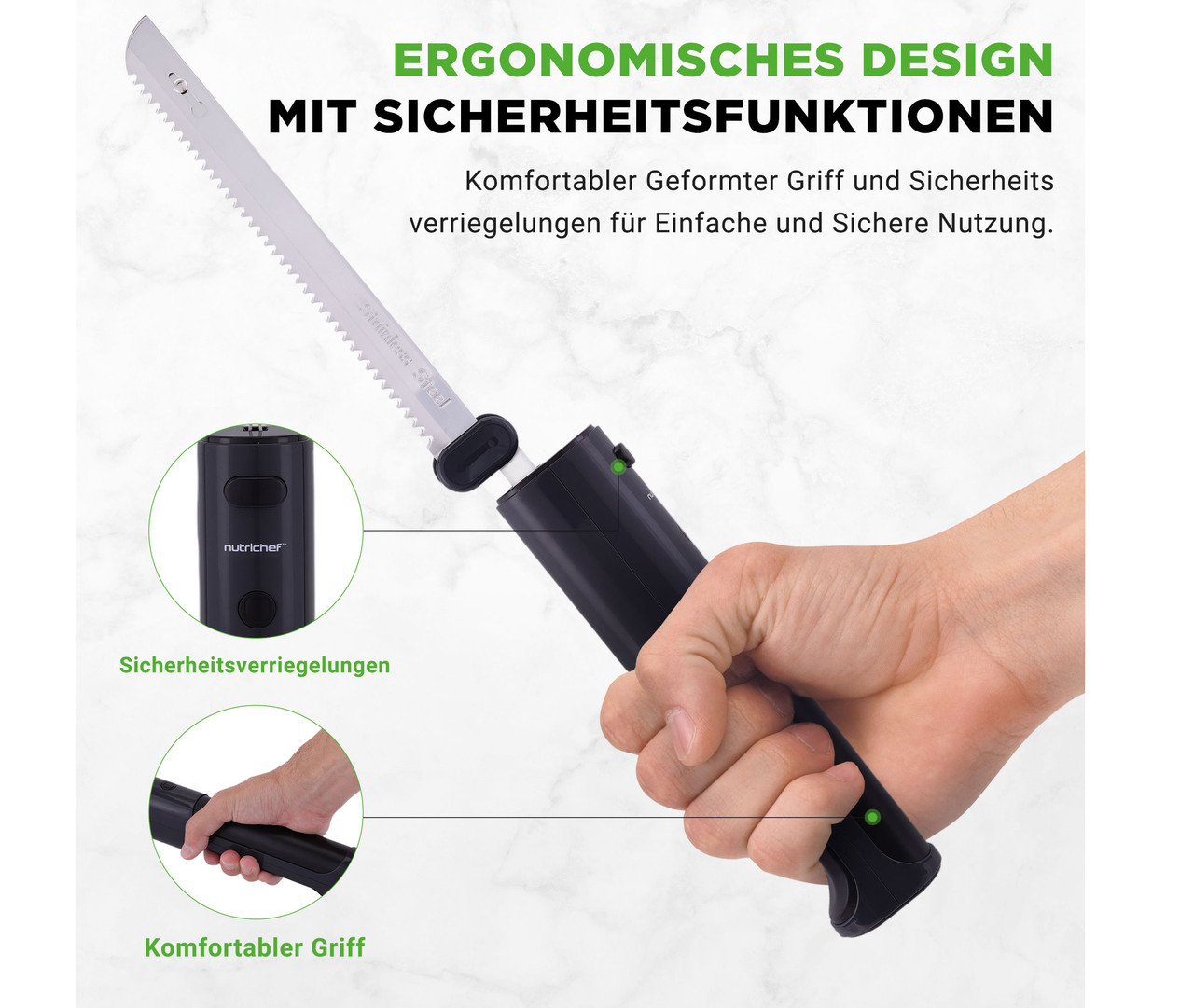 Elektrisches Messer mit Edelstahlklinge, gehalten von einer Hand. Zeigt ergonomisches Design.