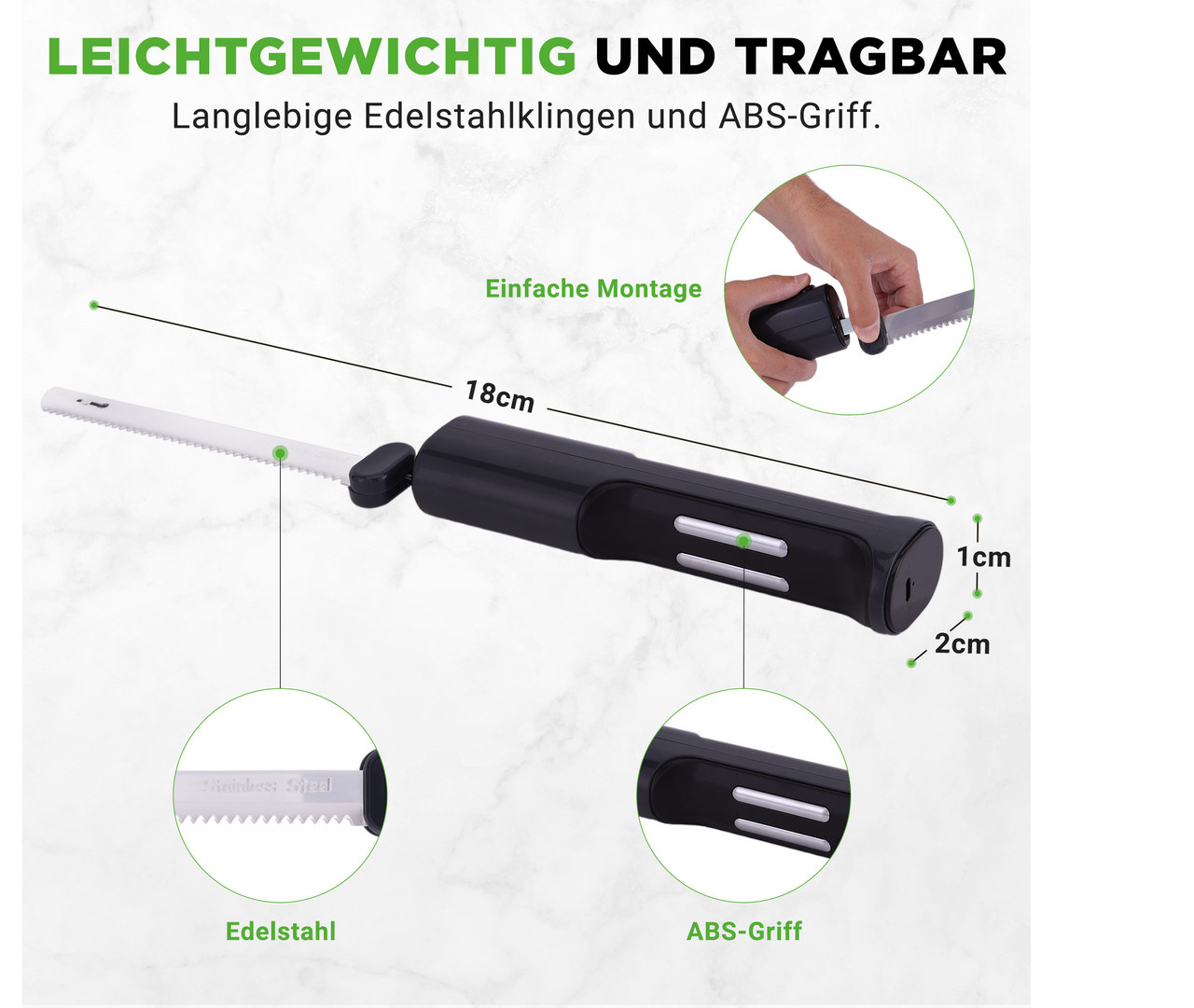 Ein schwarzes elektrisches Messer mit gezackter Edelstahlklinge, 18cm lang.
