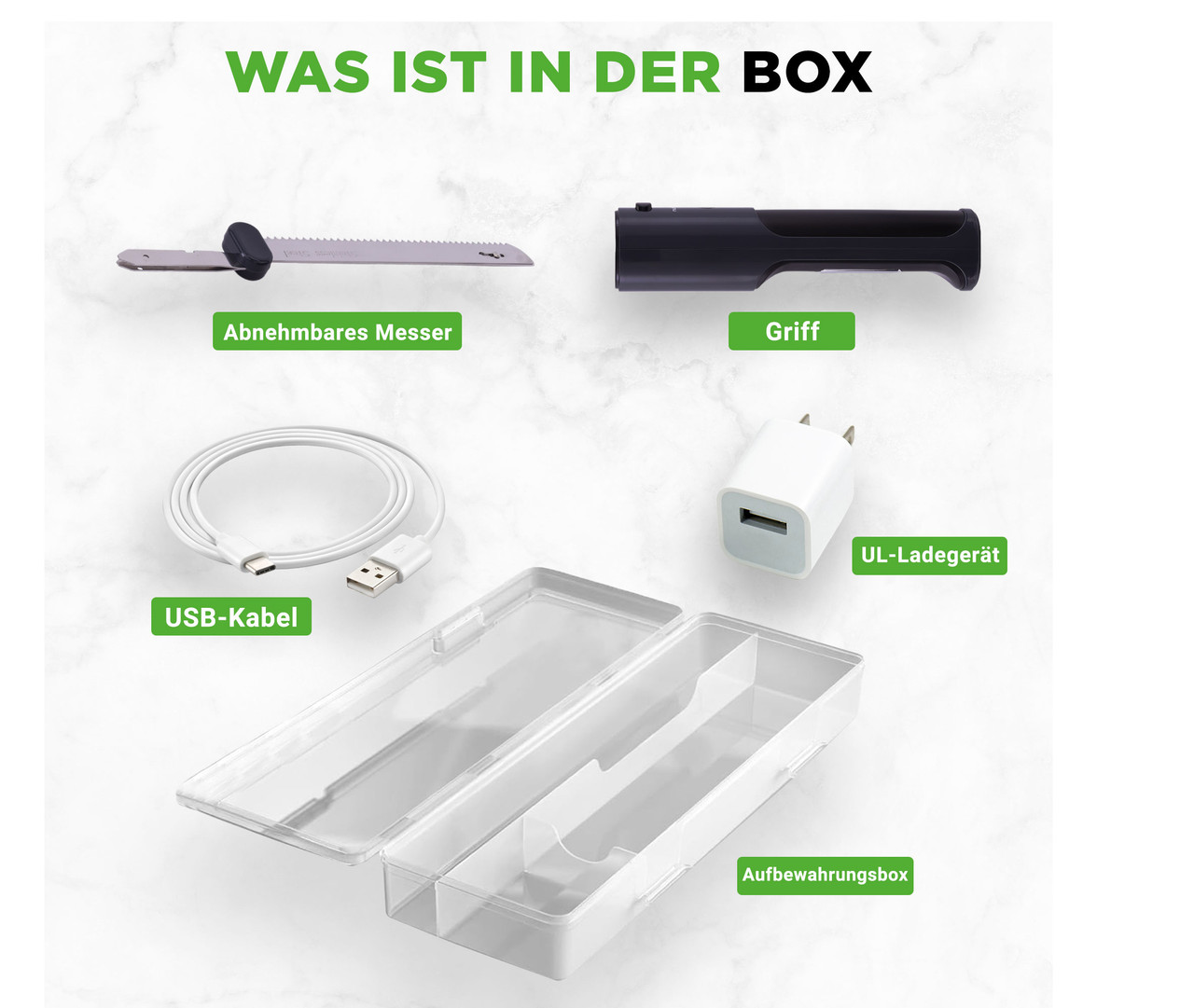 Der Inhalt der Box: Messer, Griff, USB-Kabel, Ladegerät und Aufbewahrungsbox.