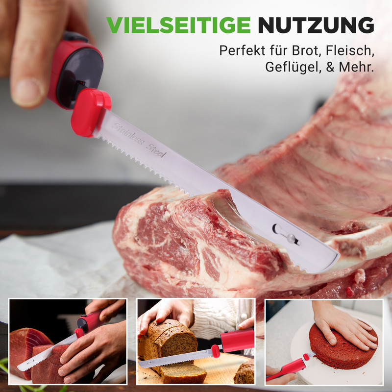 Elektromesser schneidet rohes Fleisch, Brot und Kuchen. Vielseitig einsetzbar.