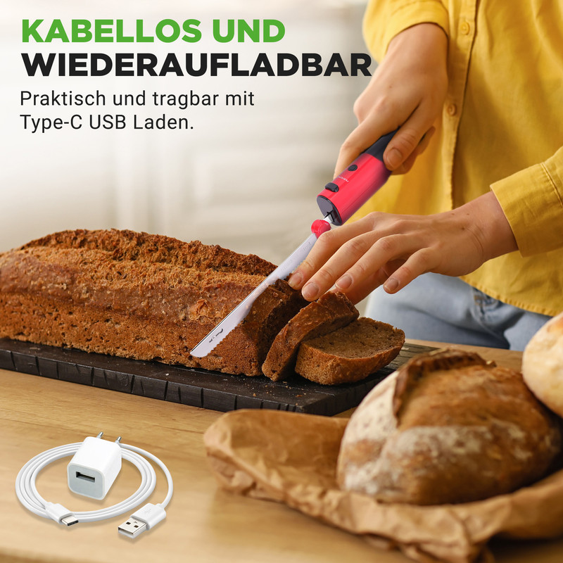 Rotes elektrisches Messer schneidet Brot, mit USB-Ladegerät und Kabel.