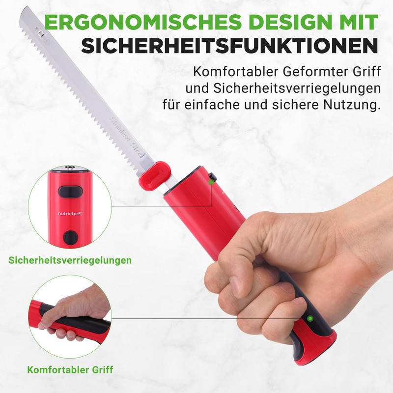 Eine Hand hält ein rotes elektrisches Messer mit Sägezahnklinge und Sicherheitsmerkmalen.