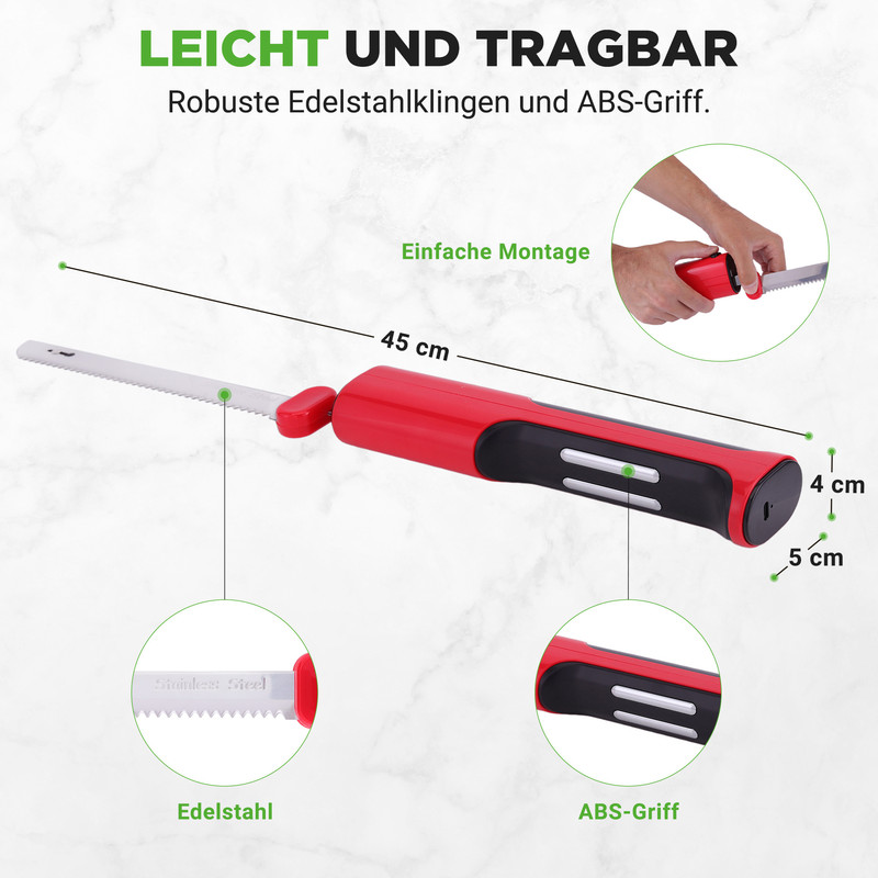 Elektrisches Messer mit 45cm Länge, Edelstahlklinge und ABS-Griff.
