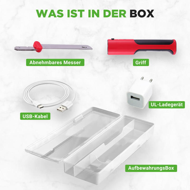 Inhalt der Box: Messer, Griff, USB-Kabel, Ladegerät und Aufbewahrungsbox.
