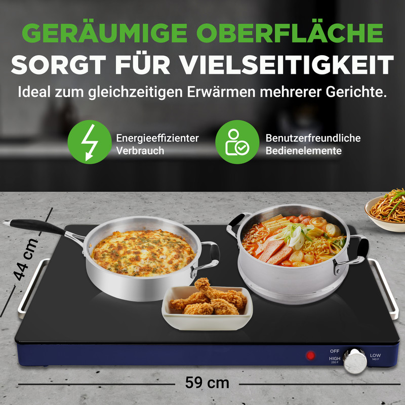 Eine elektrische Kochplatte mit zwei Kochgeschirren und frittiertem Essen.