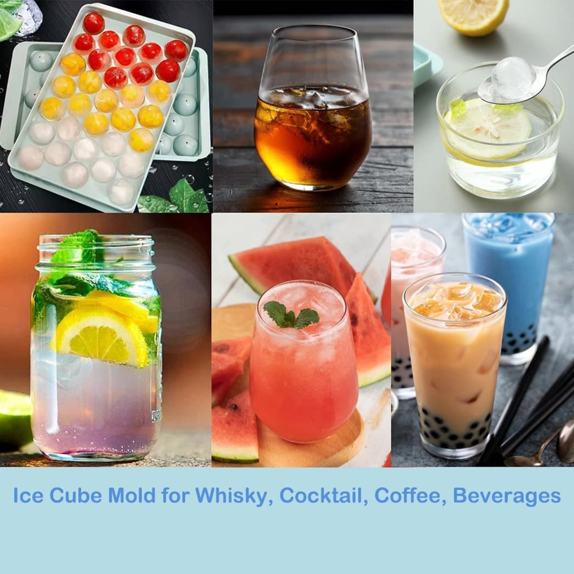 Collage von Getränken: Eiswürfelformen, Whisky, Limonade, Wassermelonensaft, Bubble Tea.