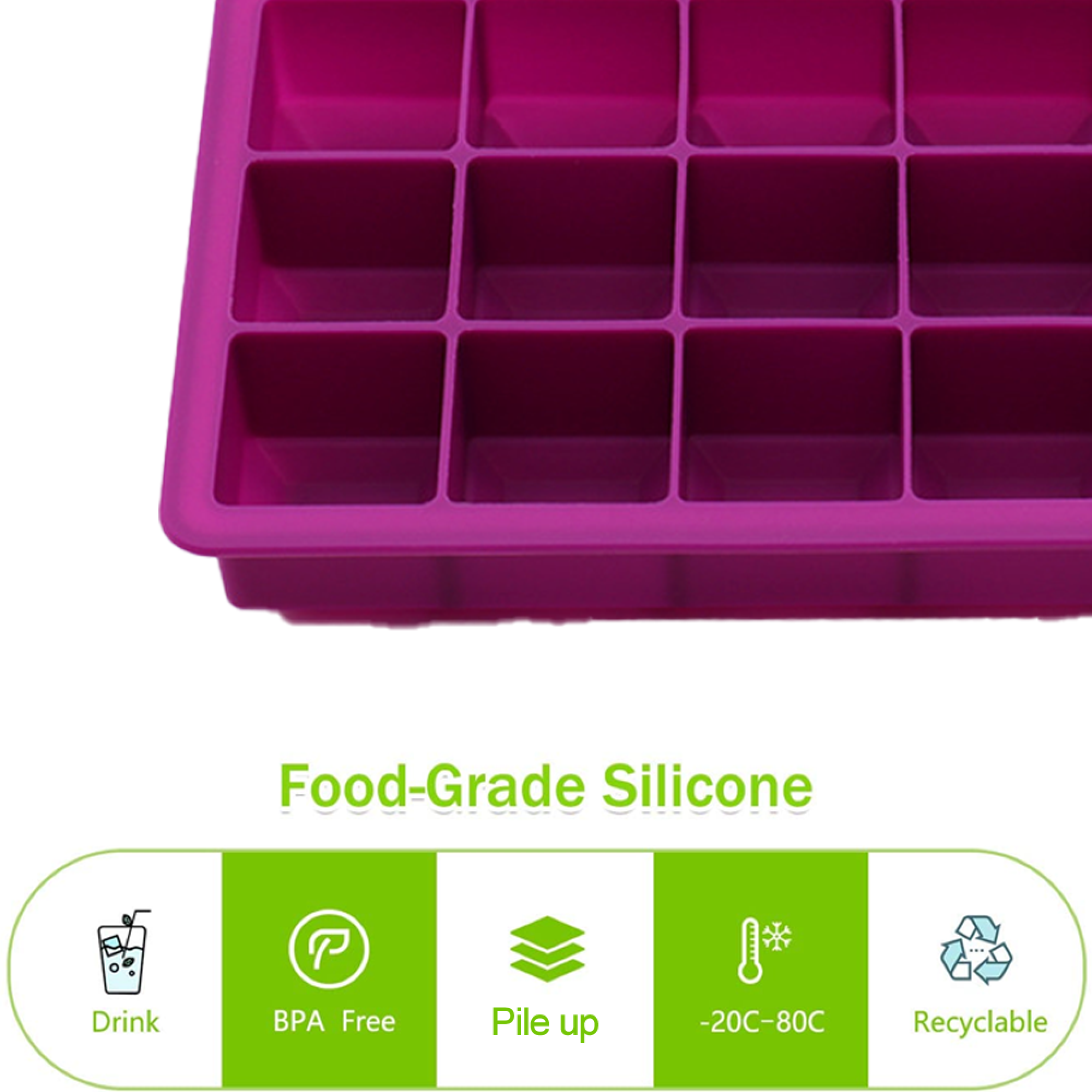 Lila Silikon-Eiswürfelform mit 16 Fächern und Icons für Trinken, BPA-frei, stapelbar, Temperaturbereich.