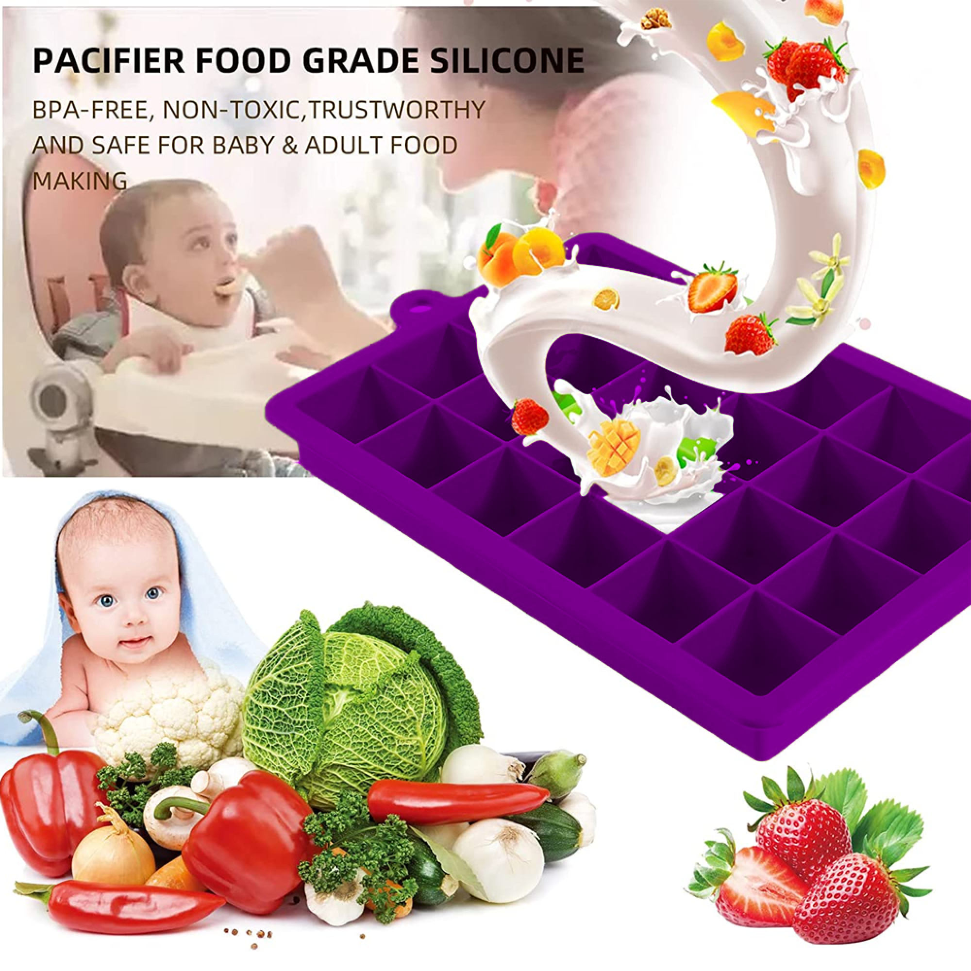 Lila Silikonform mit Früchten und Gemüse, Baby im Hintergrund