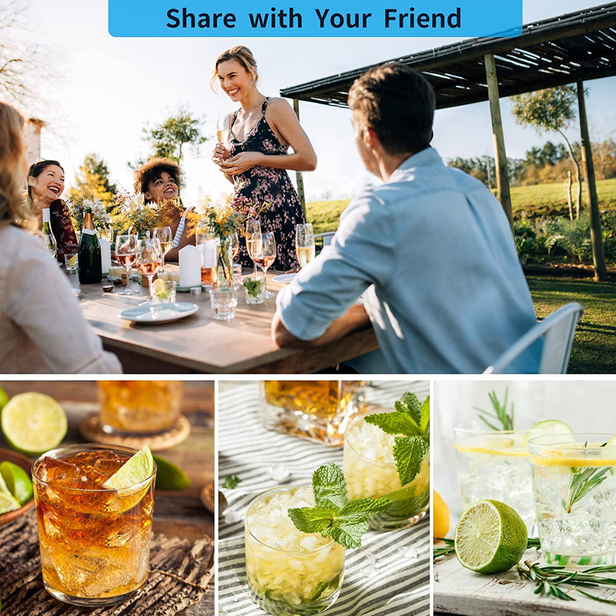 Personen bei einem Abendessen im Freien; Cocktails mit Limette, Minze und Rosmarin.