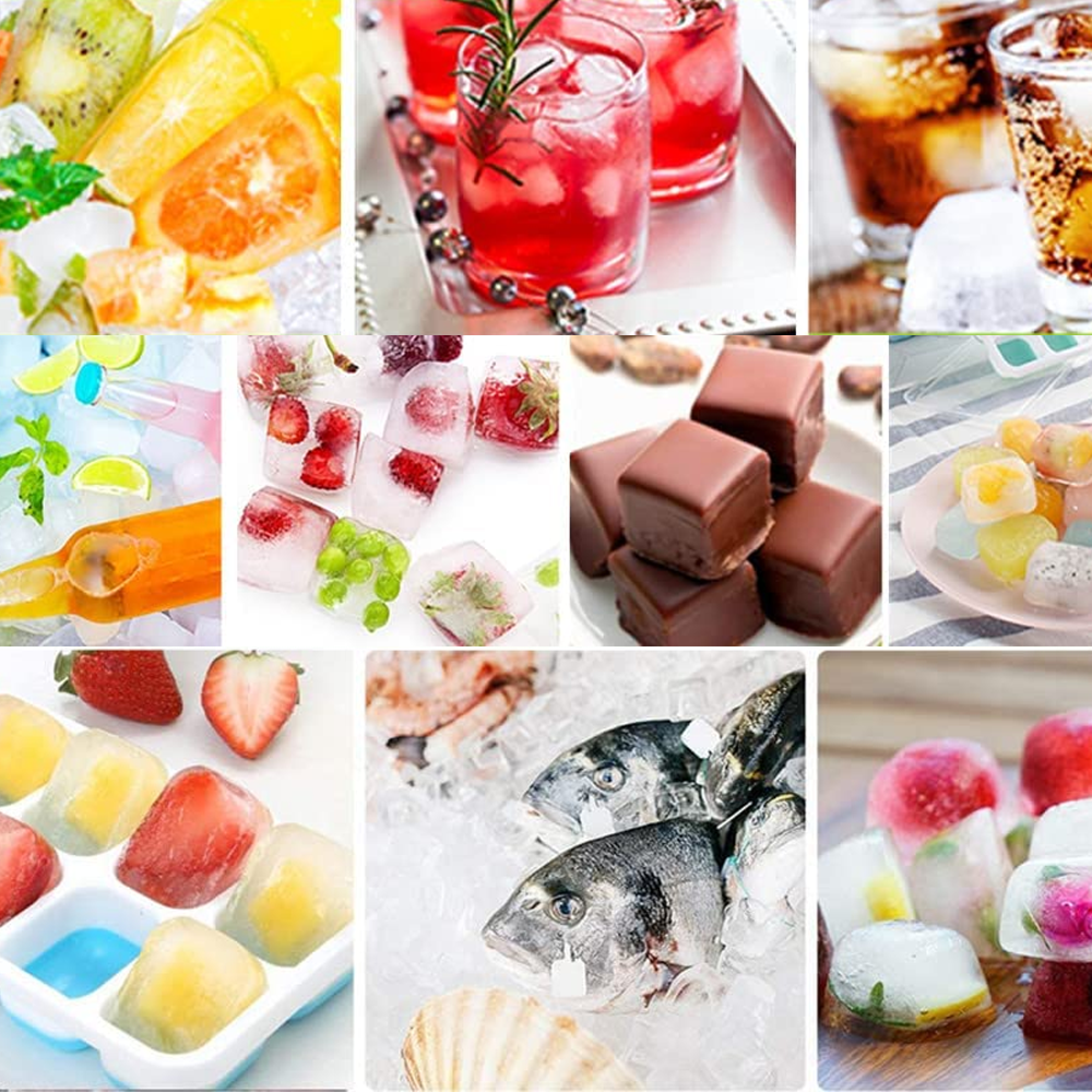 Collage aus Lebensmitteln: Früchte-Eis, Cocktails, Schokolade, Fisch & mehr.