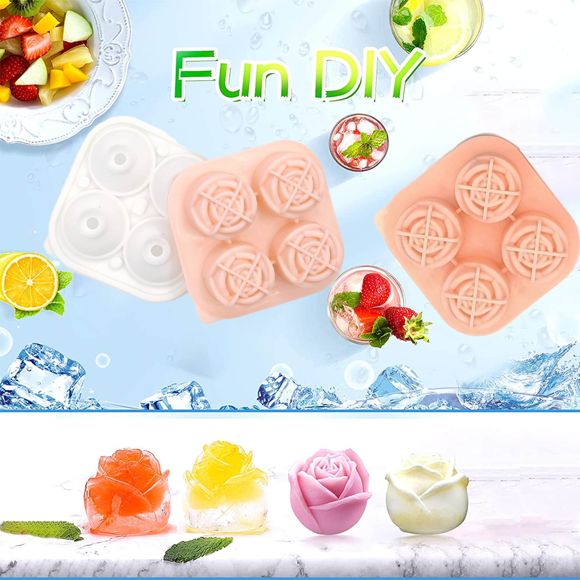 Eiswürfelformen für Blumen und Getränke mit Früchten und Minze