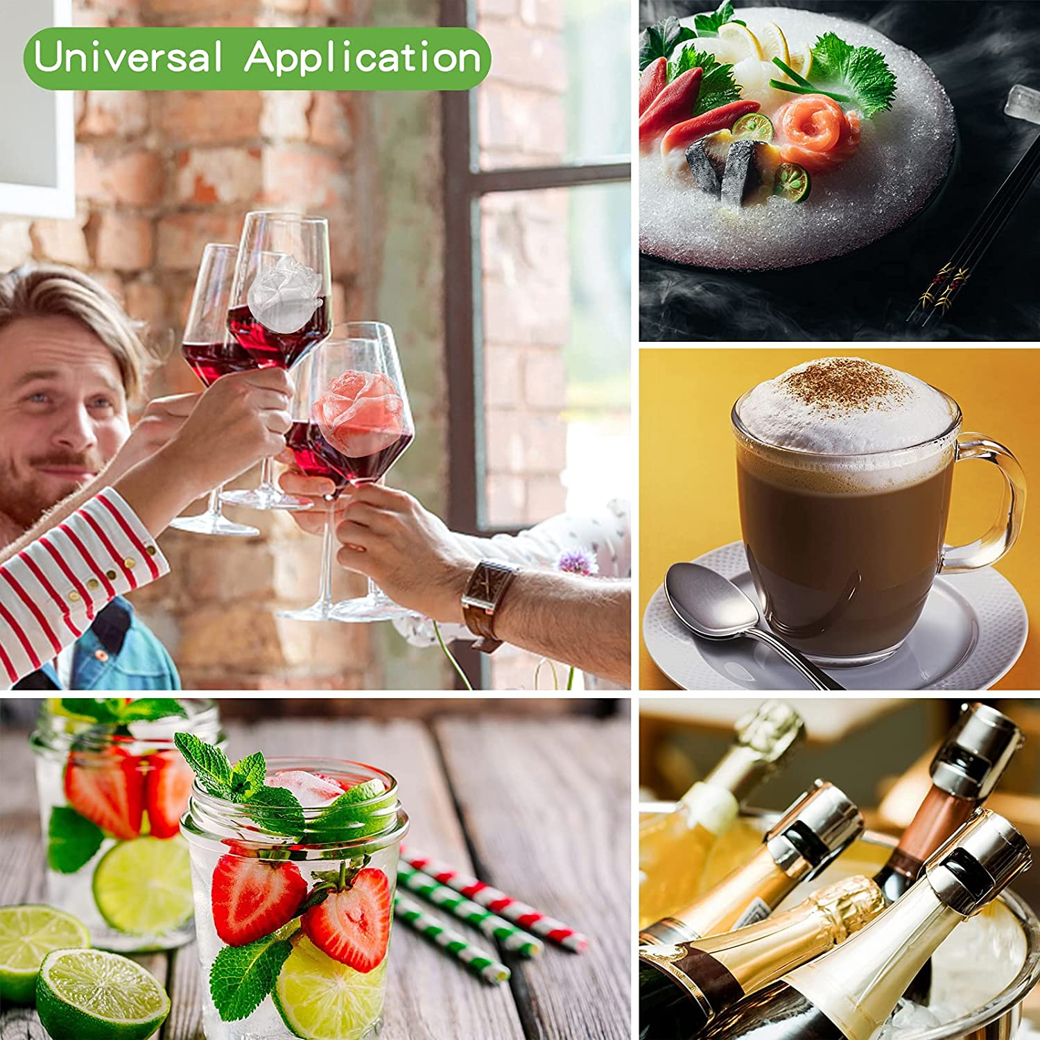 Collage: Wein, Sashimi, Kaffee, Cocktails und Champagnerflaschen.