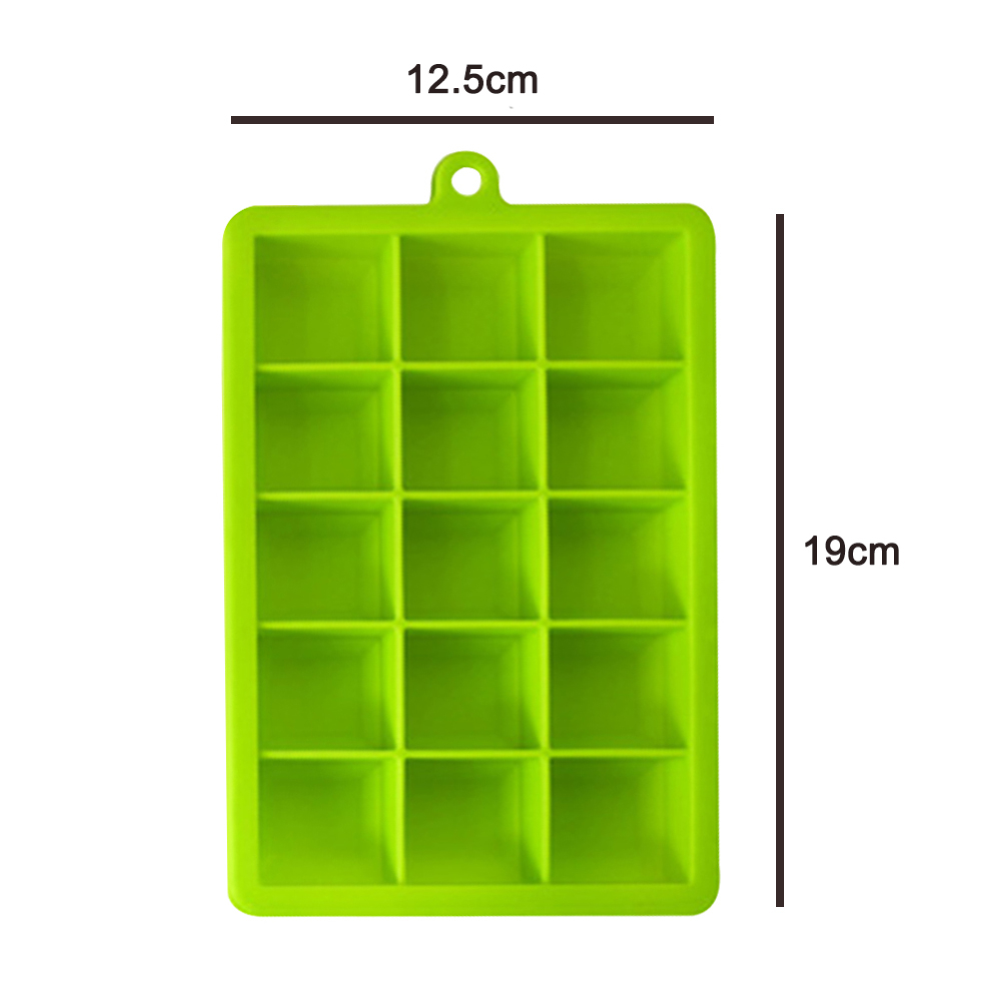 Grüne Silikon-Eiswürfelform mit 15 Fächern, 12,5 x 19 cm.