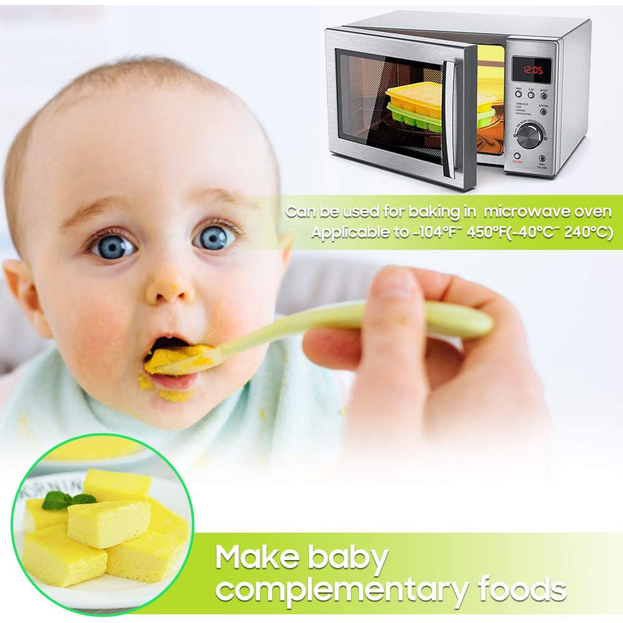 Baby wird gefüttert, neben einem Mikrowellenofen und Behältern mit Essen.