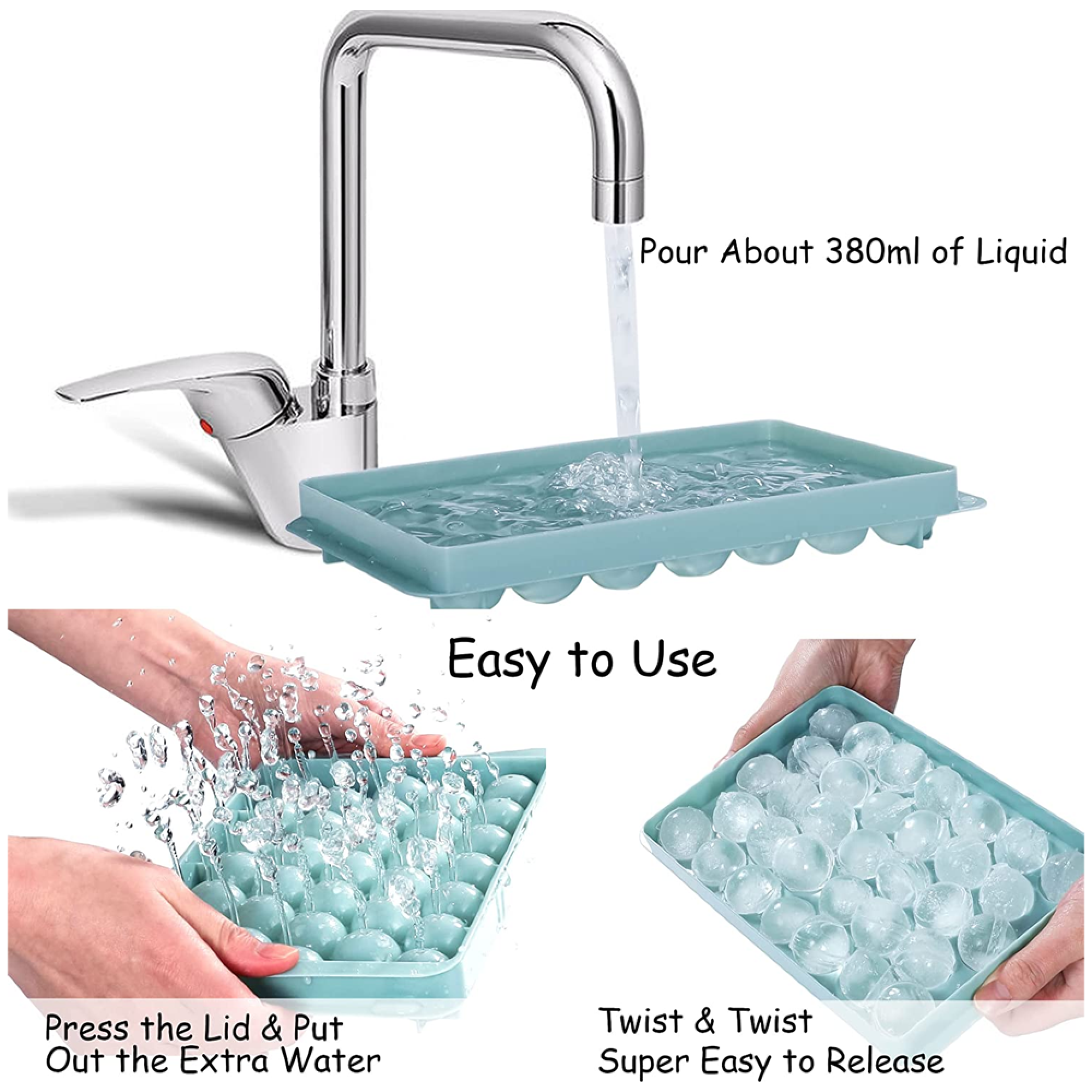 Ein silberner Wasserhahn füllt eine eisblaue Eiswürfelform mit Wasser.