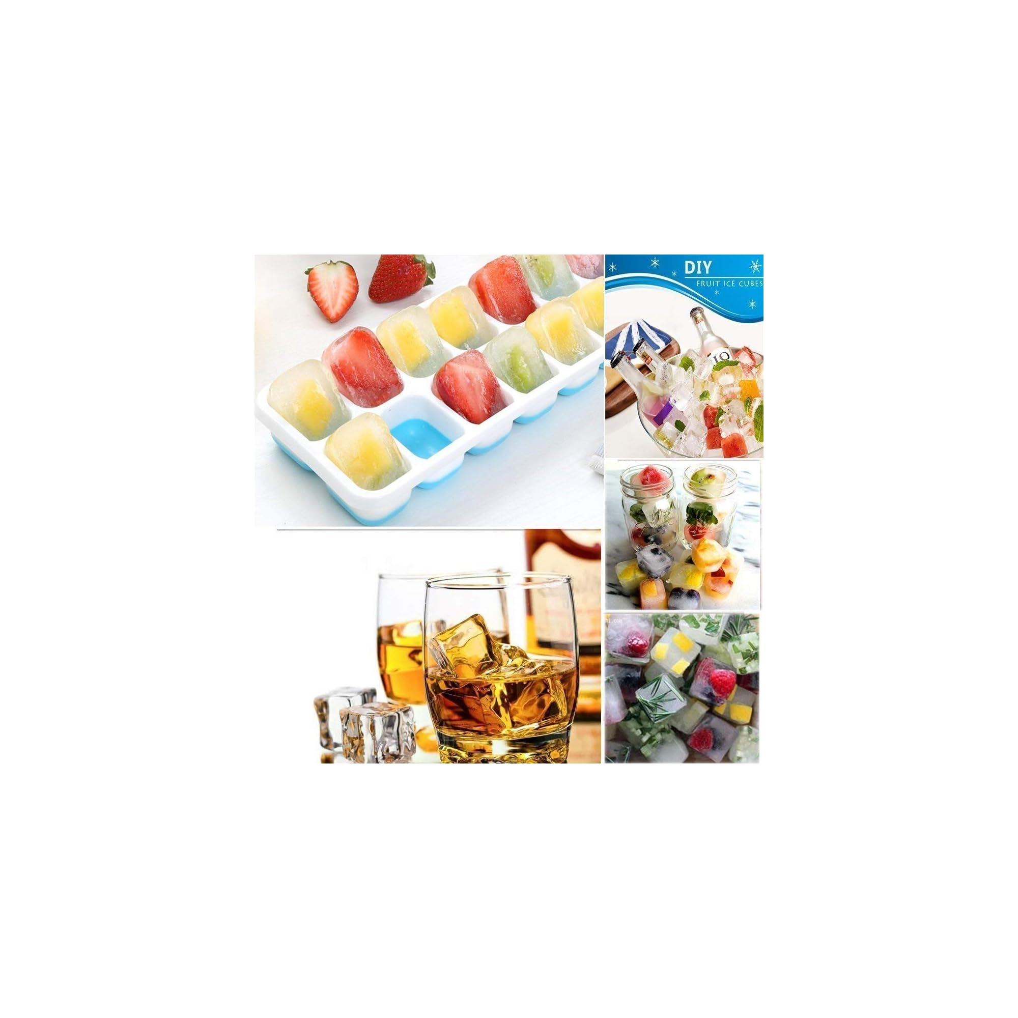 Eiswürfel mit Früchten und Kräutern in Eiswürfelformen und Gläsern.