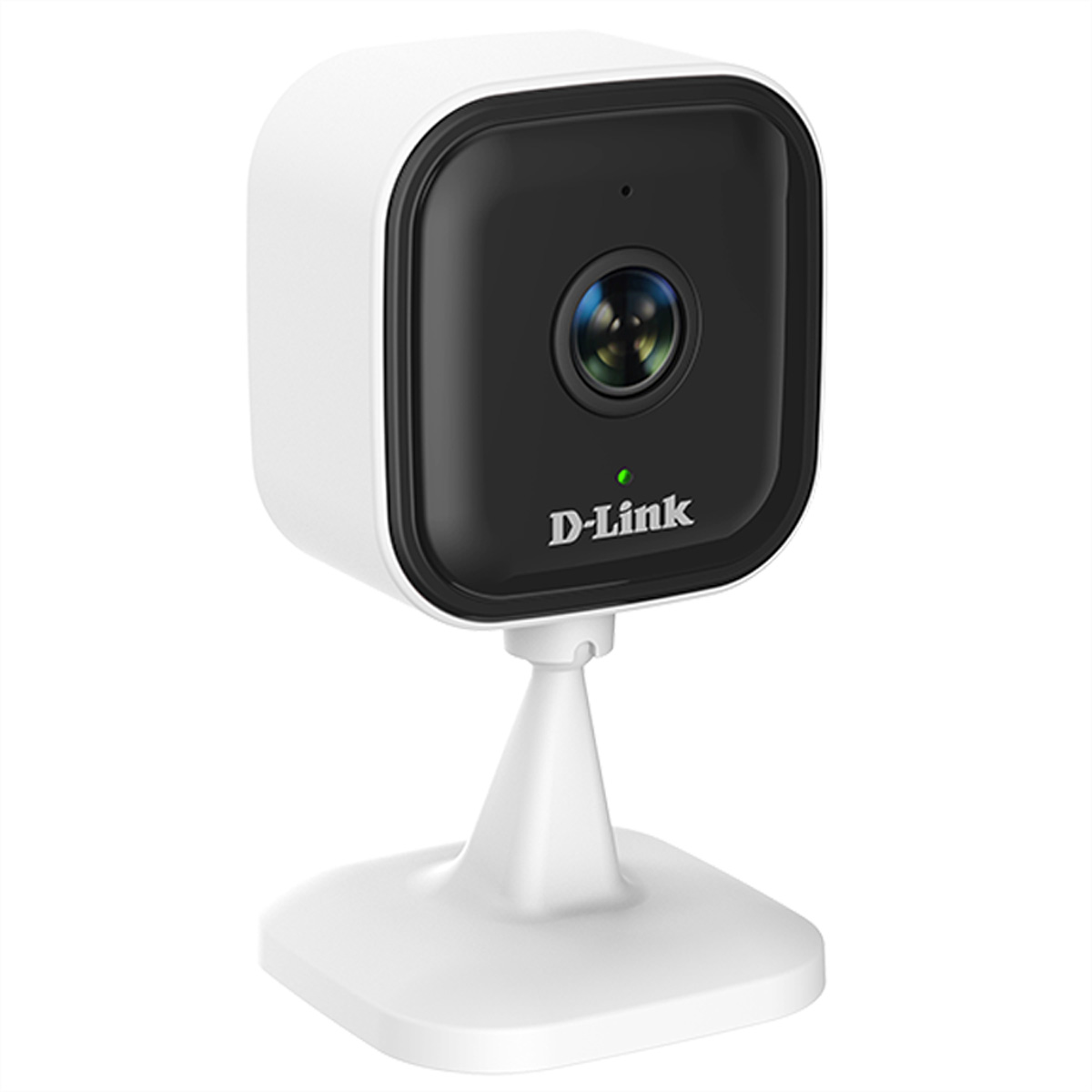 Telecamera di sicurezza D-Link bianca con frontale e lente neri.