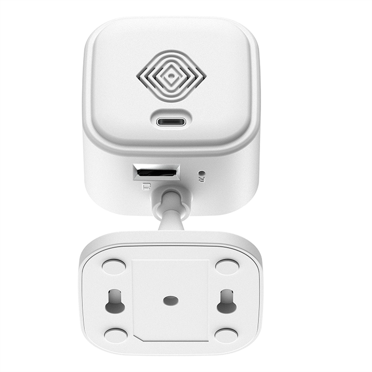 Telecamera di sicurezza bianca con slot SD, porta USB-C e griglia altoparlante.