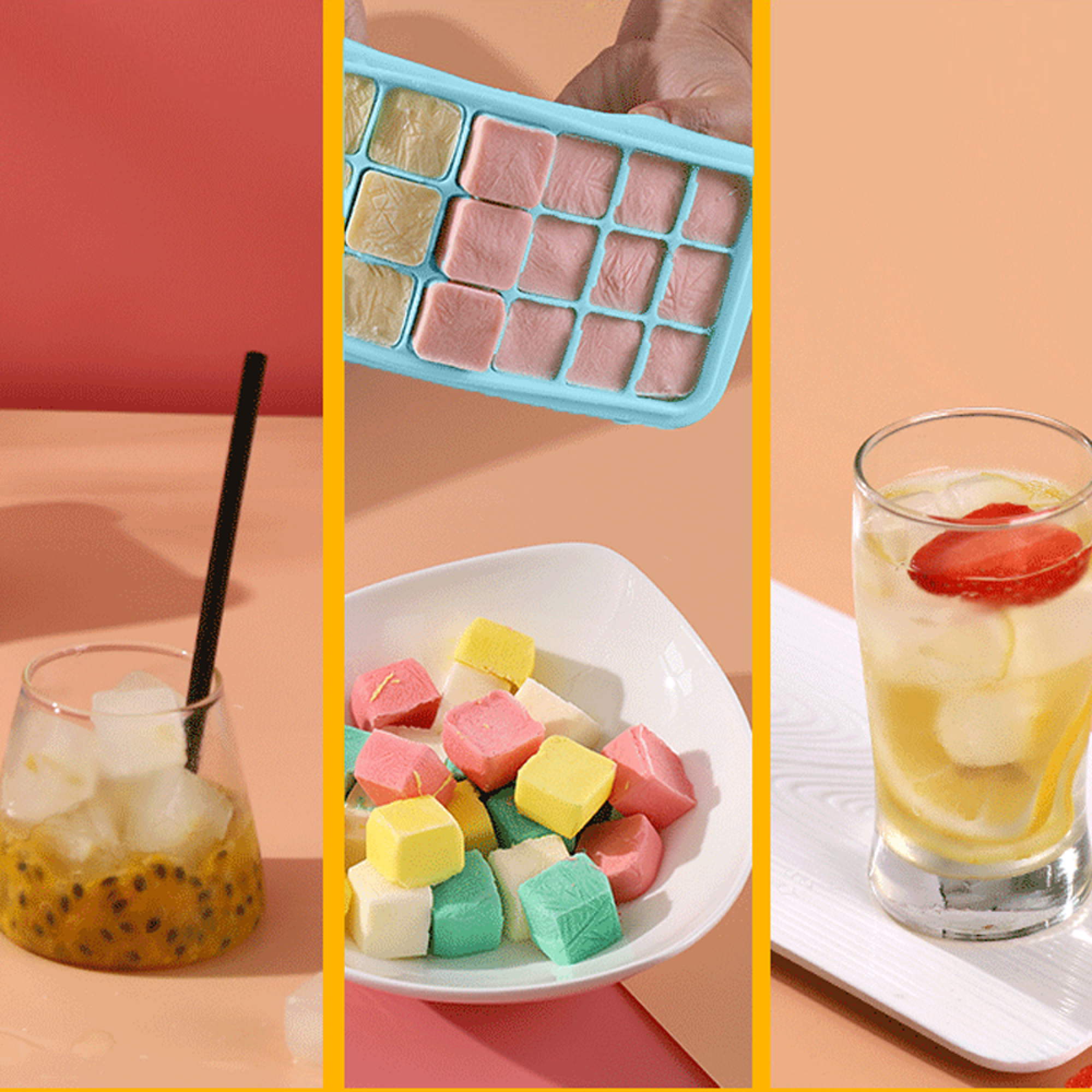 Eine Collage aus drei Bildern: Eiswürfel, bunte Eiswürfel in einer Schale, Getränk mit Zitrone.