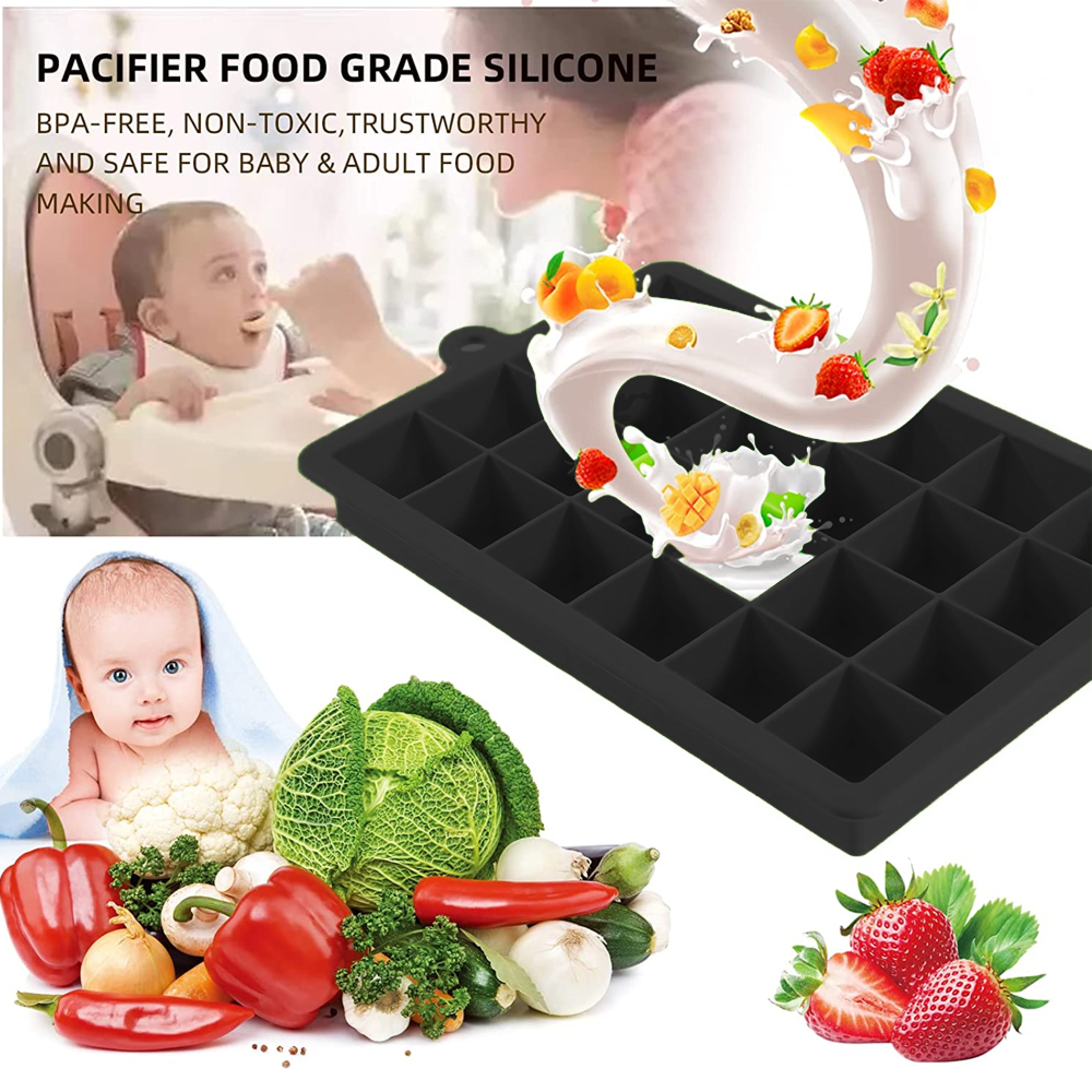 Silikonform für Babynahrung mit Früchten, Gemüse und Baby.