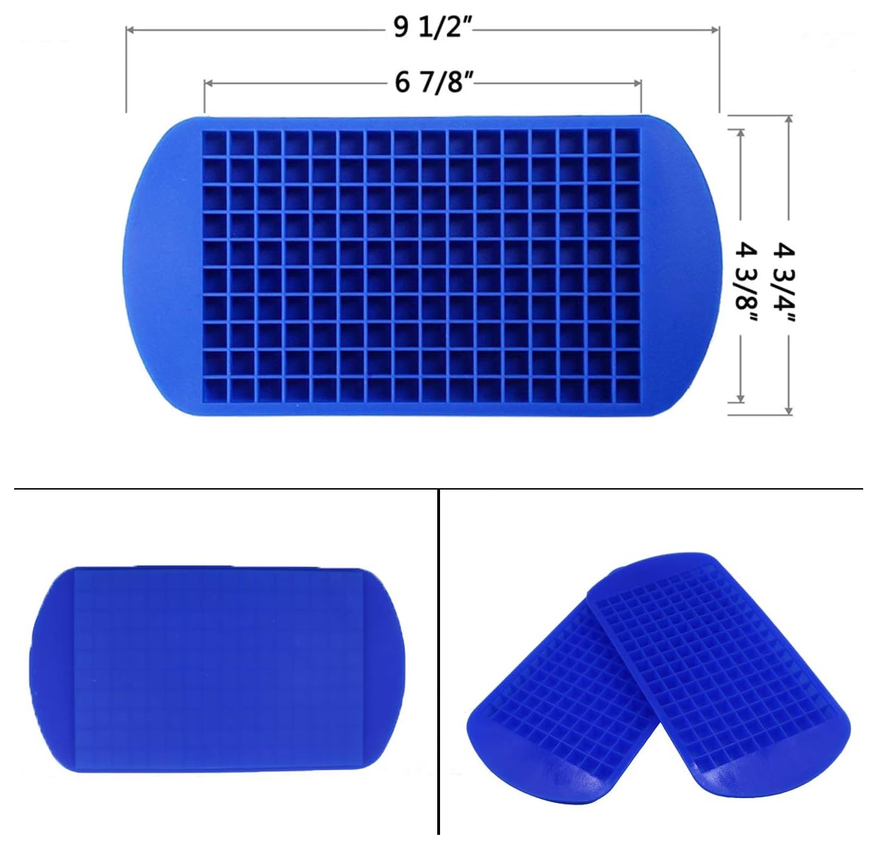 Blaue Eiswürfelform mit 120 kleinen Fächern und Maßangaben.