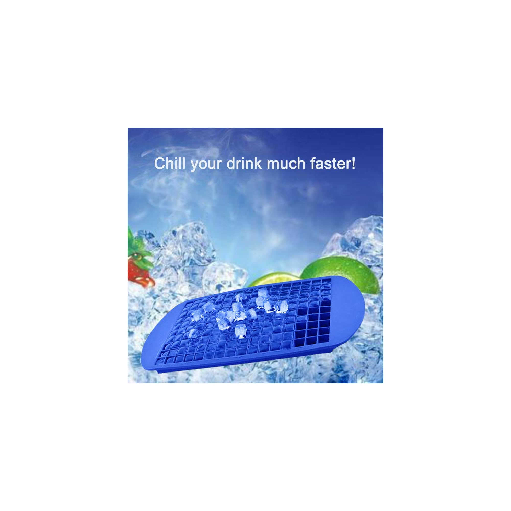 Blaue Eiswürfelform mit Eiswürfeln, Limette und Erdbeere.
