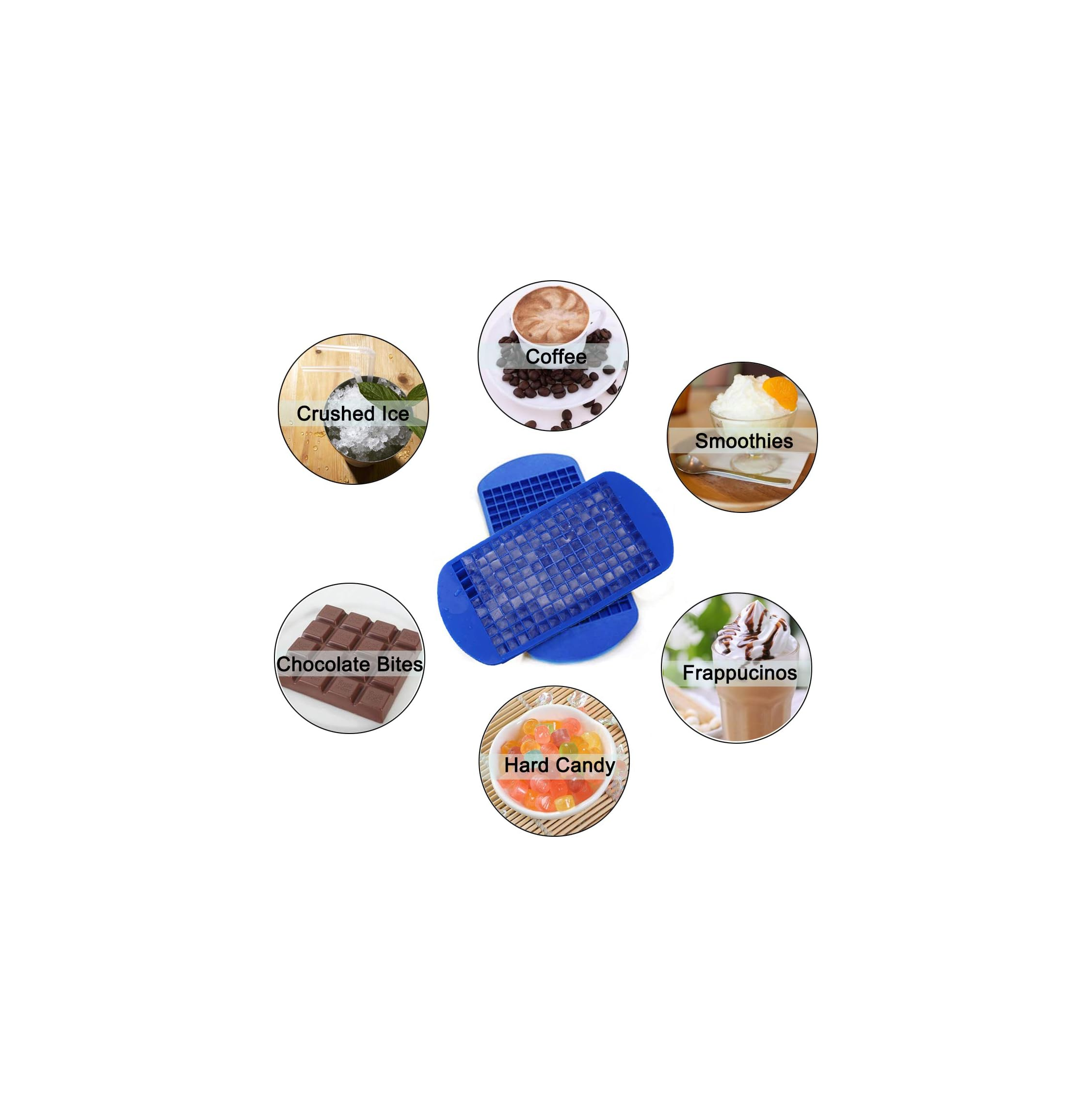 Ein blaues Eiswürfelform-Set mit verschiedenen Lebensmittelbildern.