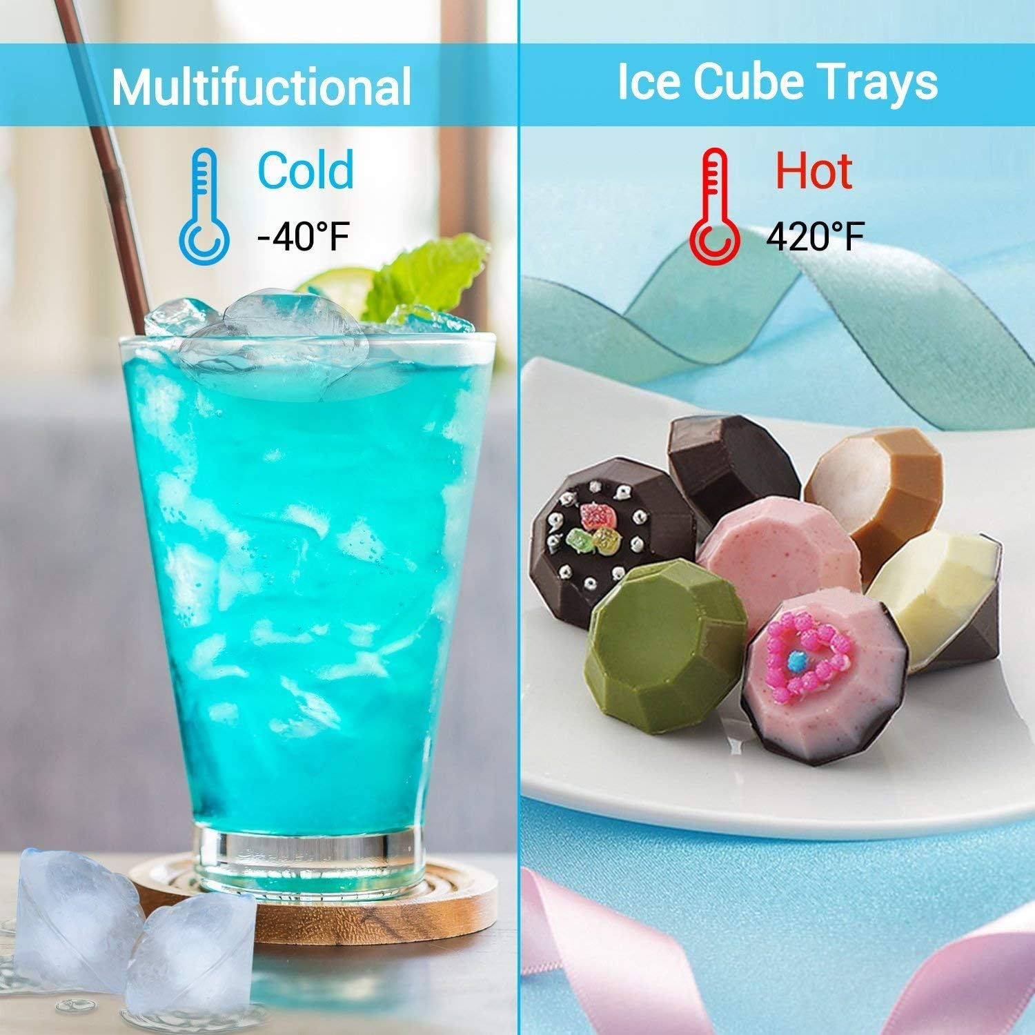 Blaues Getränk mit Eis und Minze und bunte Schokoladen.