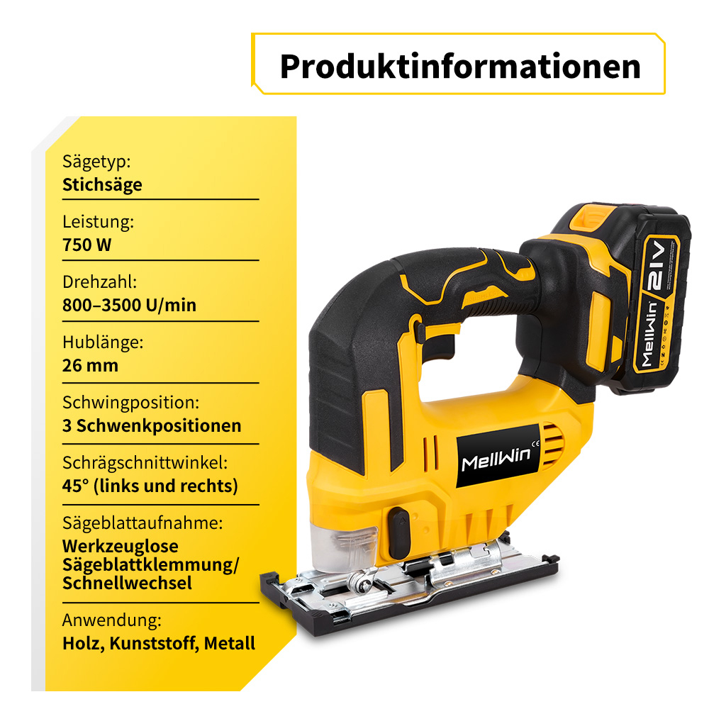 Gelbe Stichsäge mit schwarzem Griff und Akku, daneben Produktdaten.