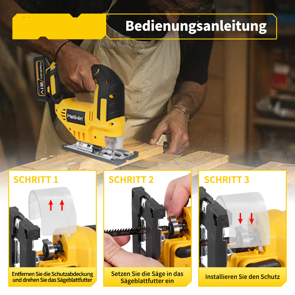 Anleitung zum Einsetzen eines Sägeblatts in eine gelbe Stichsäge mit drei Schritten.