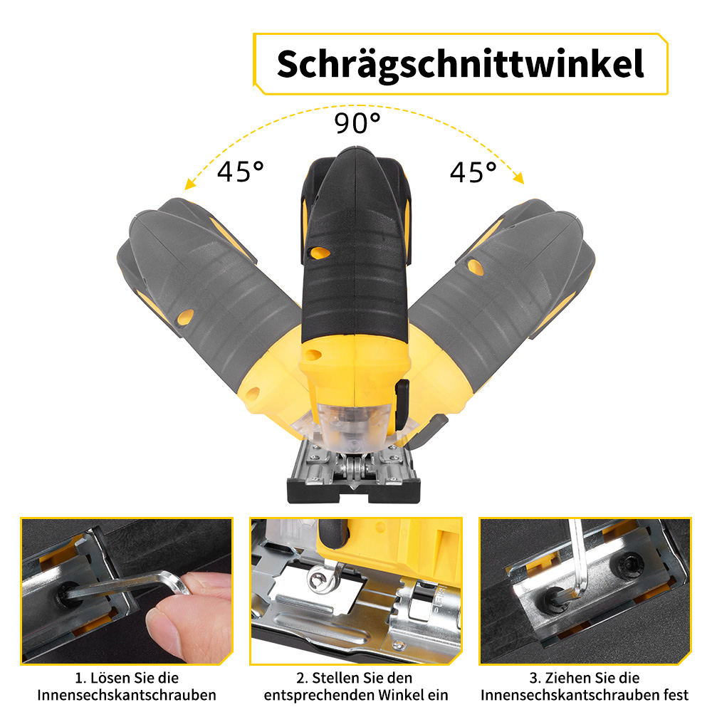 Ein gelb-schwarzer Stichsäge mit Winkelanzeigen (45°, 90°). Drei Detailbilder zeigen die Einstellung.
