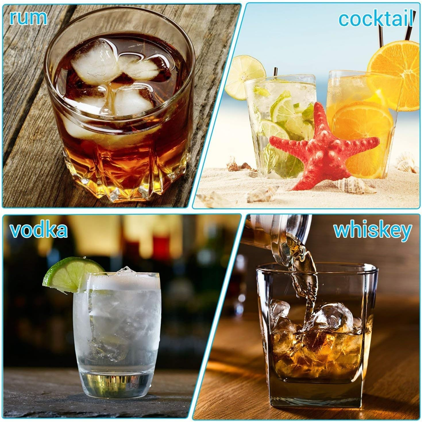 Vier Getränke: Rum, Cocktail, Wodka und Whiskey, mit Eis und Garnitur.