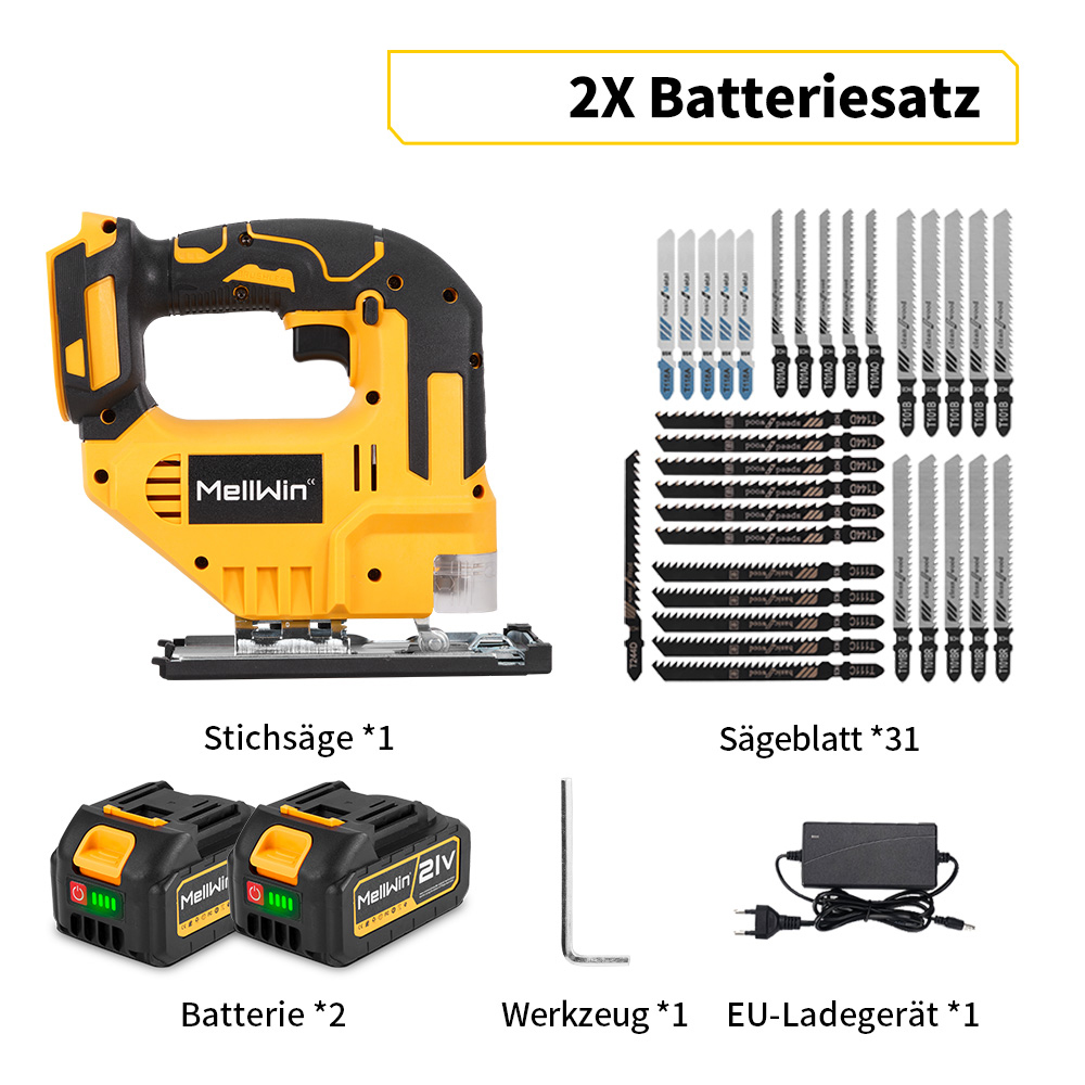 Ein gelber und schwarzer Stichsäge mit Zubehör: 31 Sägeblätter, 2 Batterien, Werkzeug, Ladegerät.