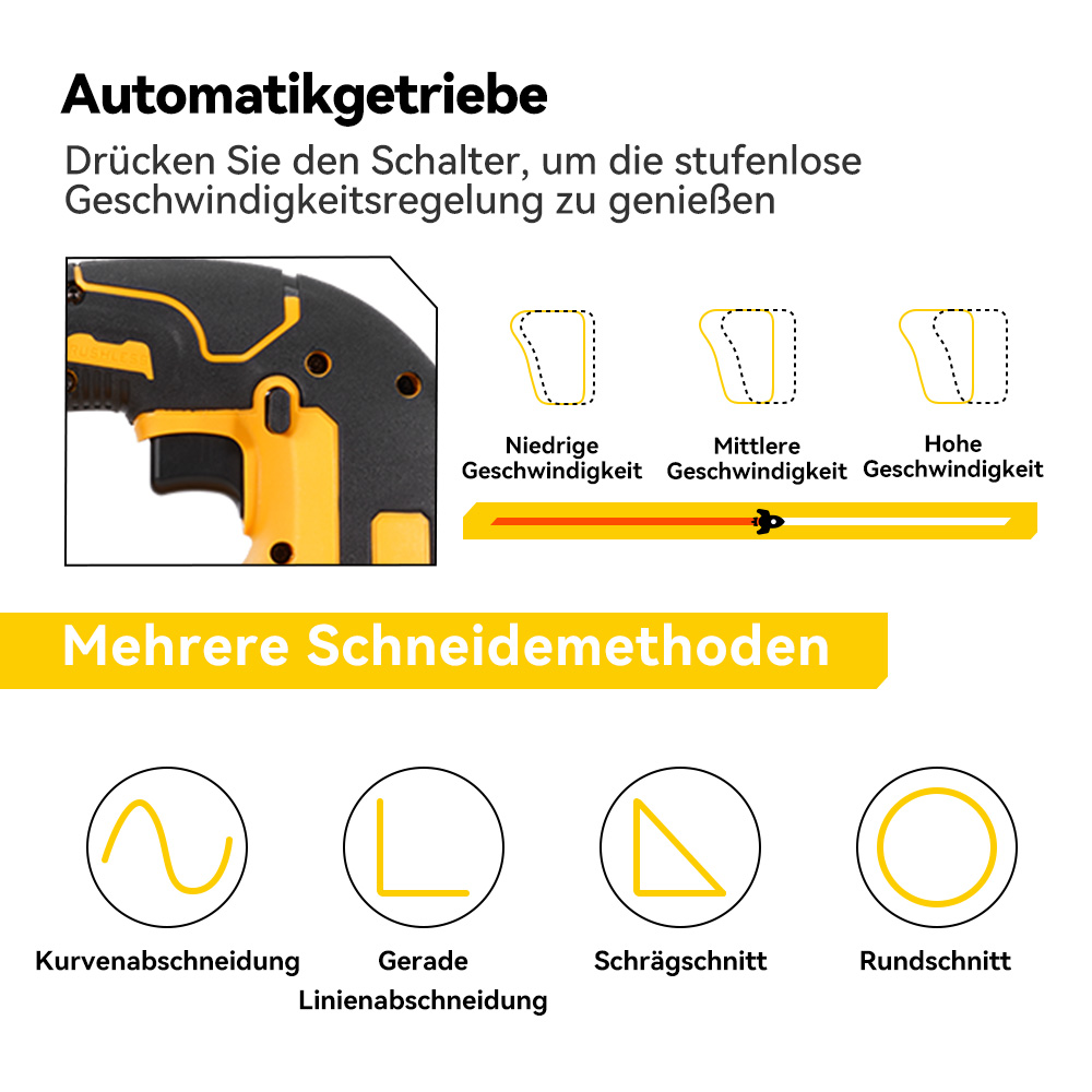 Bild zeigt ein Werkzeug mit Text über Automatikgetriebe, Geschwindigkeitsregelung und Schneidemethoden.