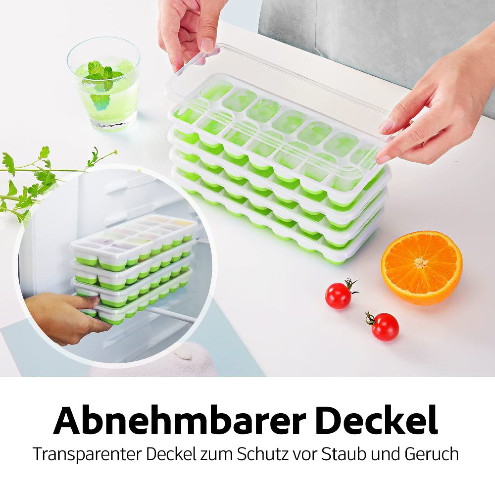 Grüne Eiswürfelformen mit transparentem Deckel, daneben ein Glas Getränk und Obst.