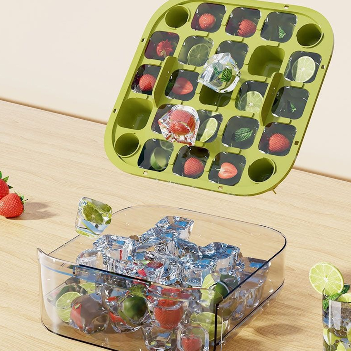 Eiswürfelform mit Erdbeeren und Limetten, daneben eine Schale mit Eiswürfeln.