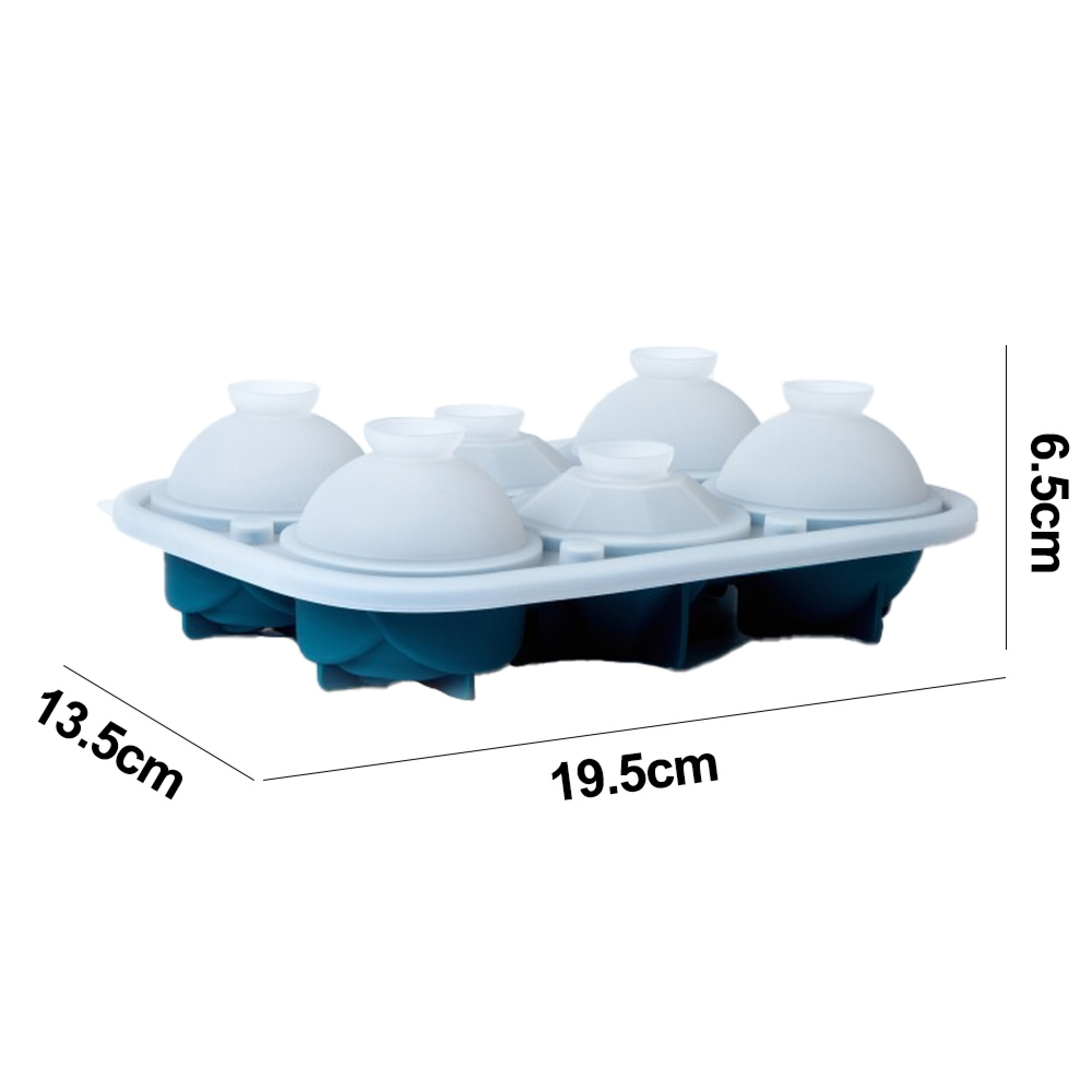 Ein blaues und weißes Eiswürfelform-Tablett mit sechs runden Fächern.