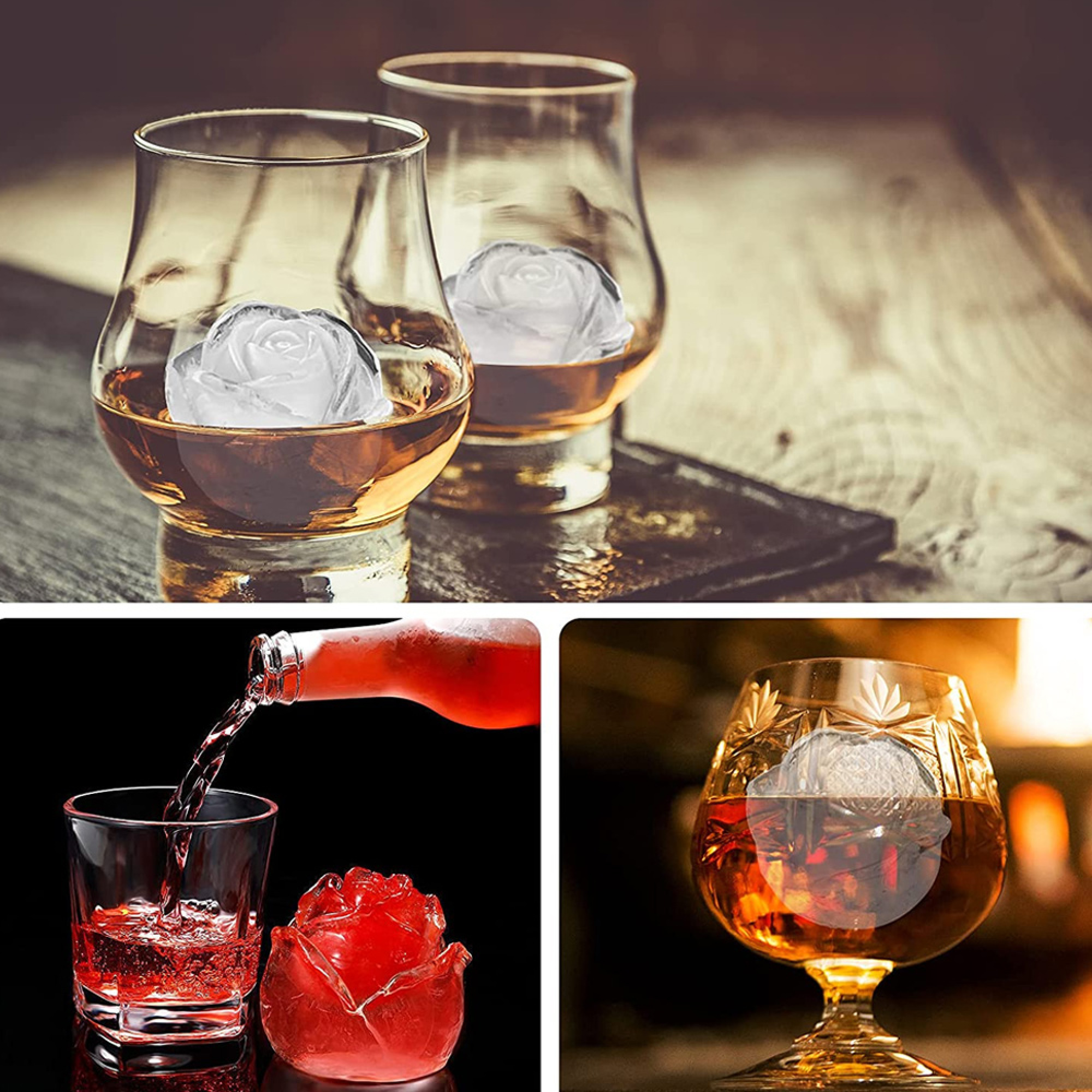 Zwei Gläser Whisky mit Rosen-Eiswürfeln, ein Glas wird mit rotem Getränk aufgefüllt.