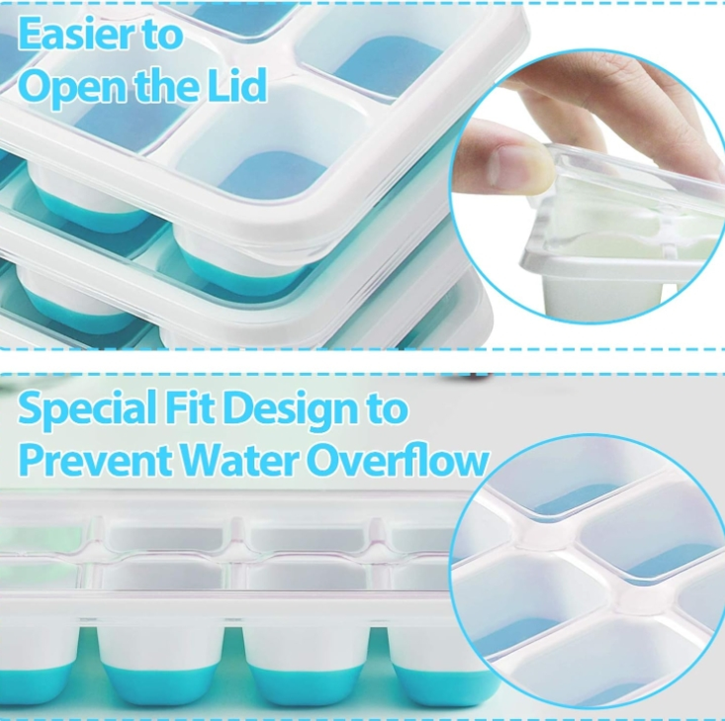 Ein Stapel Eiswürfelformen mit blauem und weißem Design.