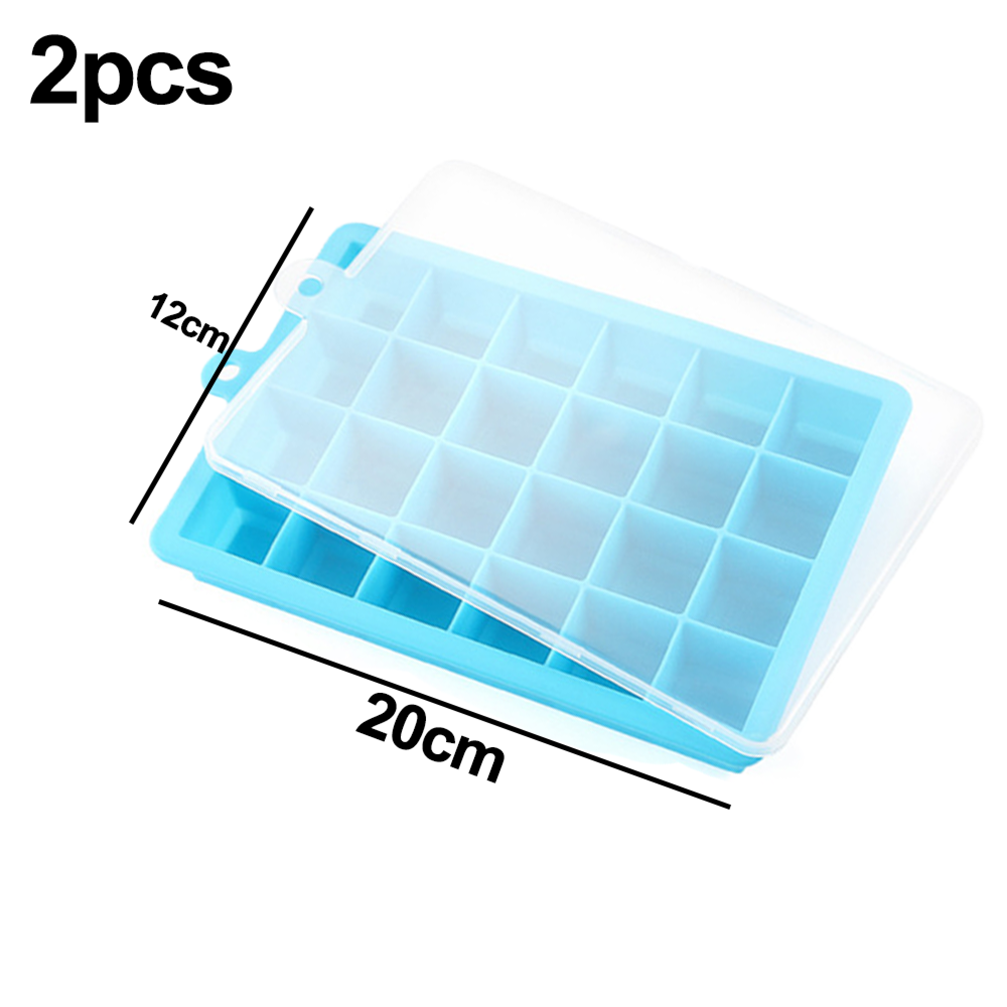 Blaue Eiswürfelform mit 24 Fächern und transparentem Deckel, 20x12cm.