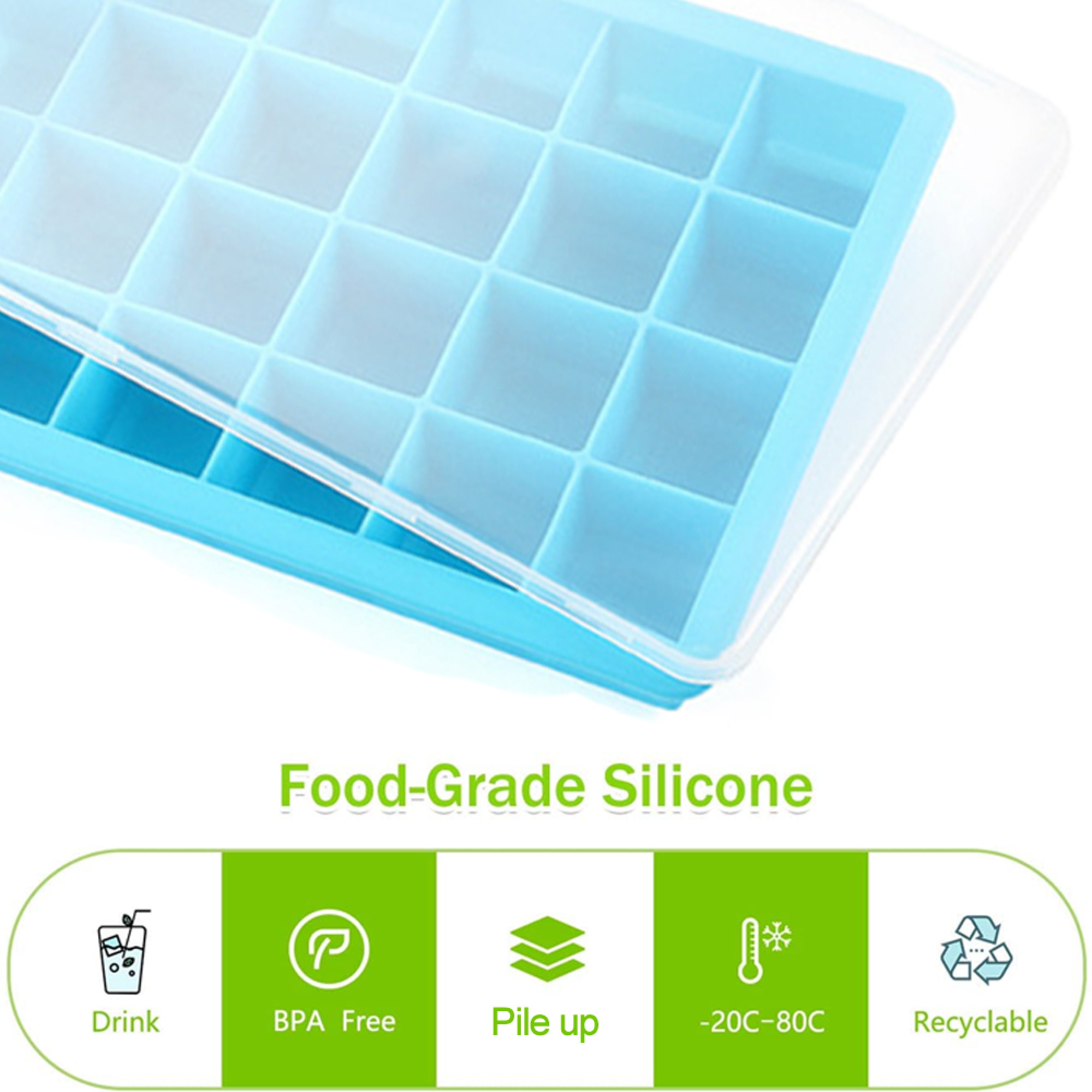 Blaue Silikon-Eiswürfelform mit Deckel und Symbolen für Trinken, BPA-frei, Stapelbarkeit, Temp.